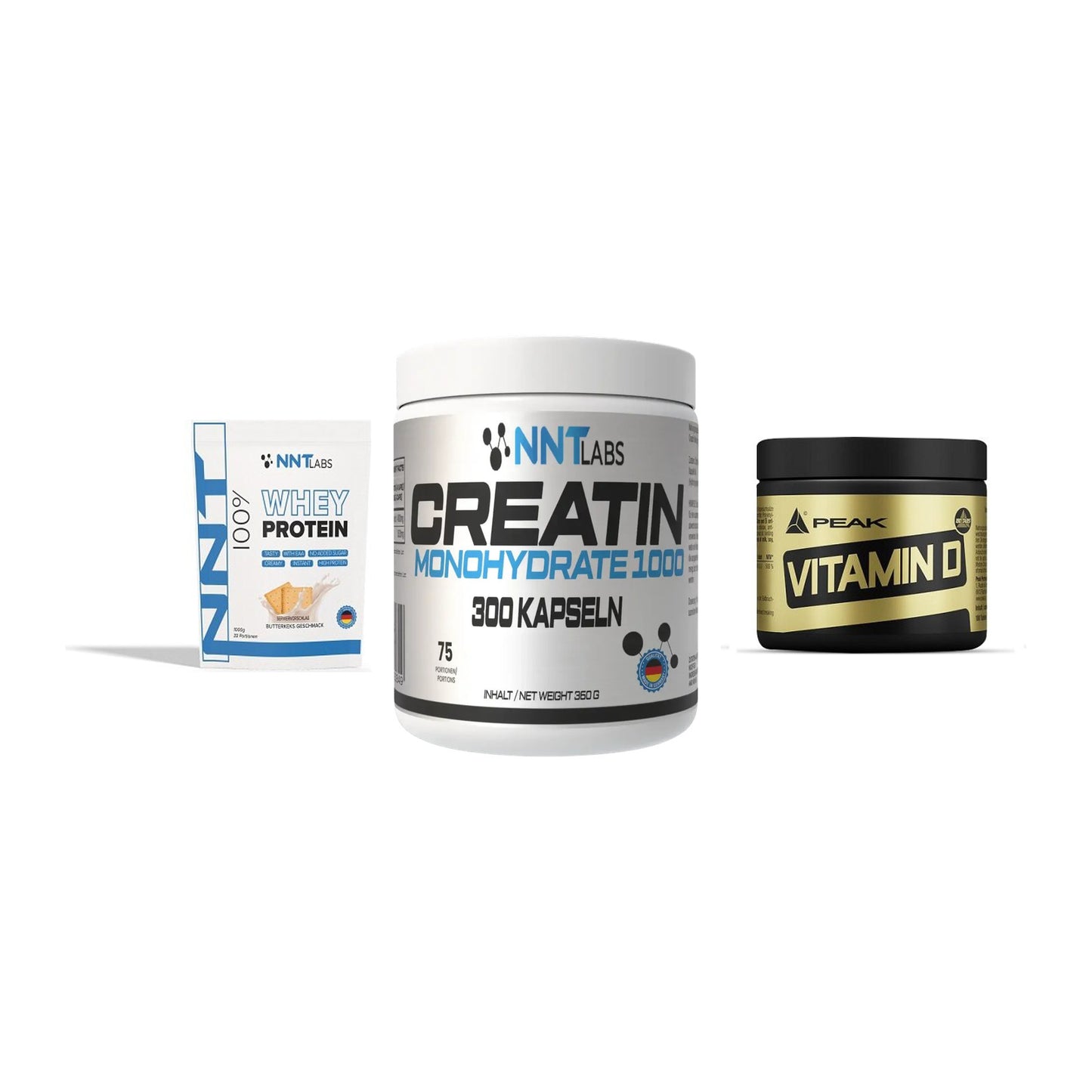 Einsteiger-Set: NNT Whey + NNT Creatin 1000 + Peak Vitamin D – alle enthaltenen Artikel