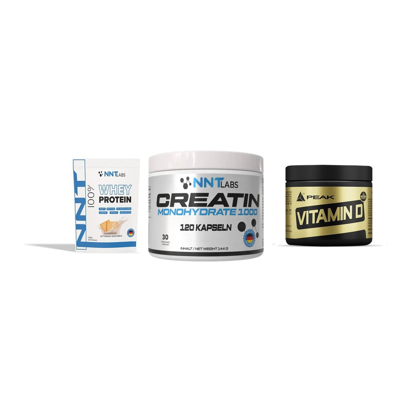 Einsteiger-Set: NNT Whey + NNT Creatin 1000 + Peak Vitamin D – alle enthaltenen Artikel