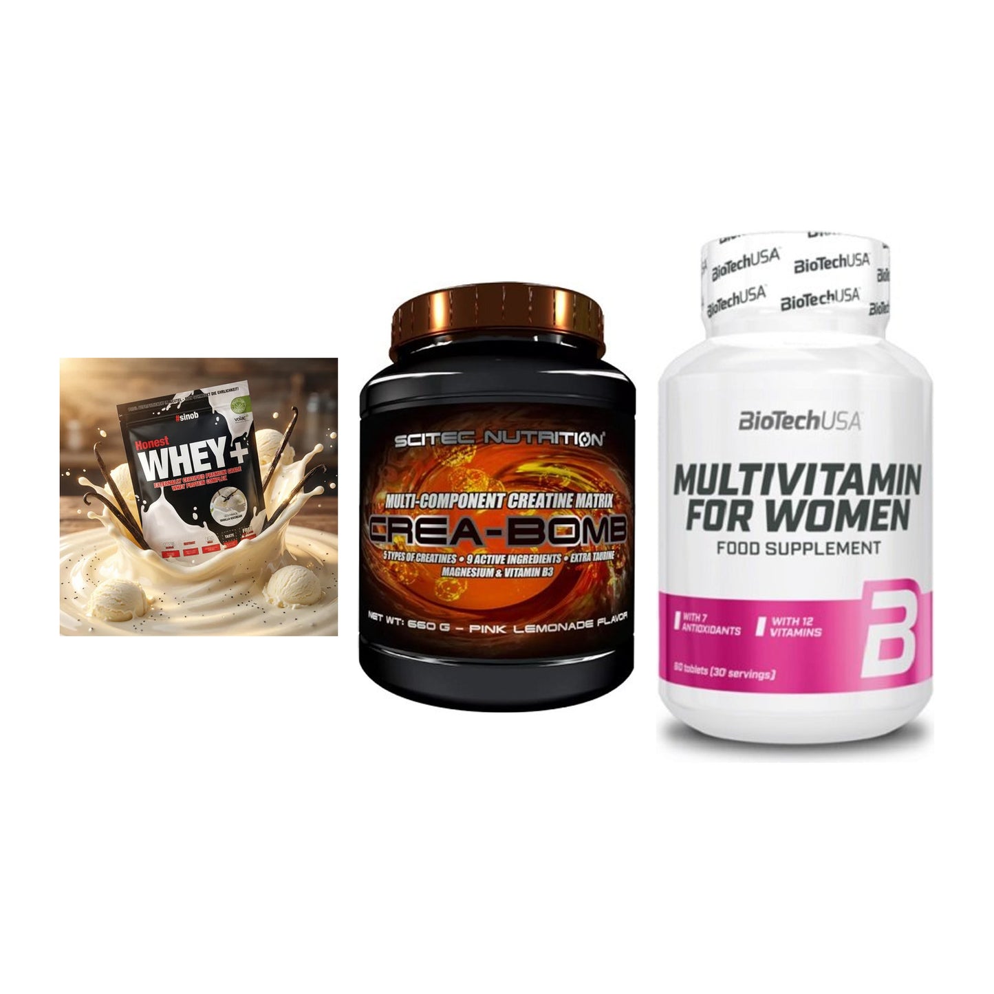 Einsteiger-Set: Sinob Honest + Scitec Crea-Bomb + BioTech Multivit – alle enthaltenen Artikel