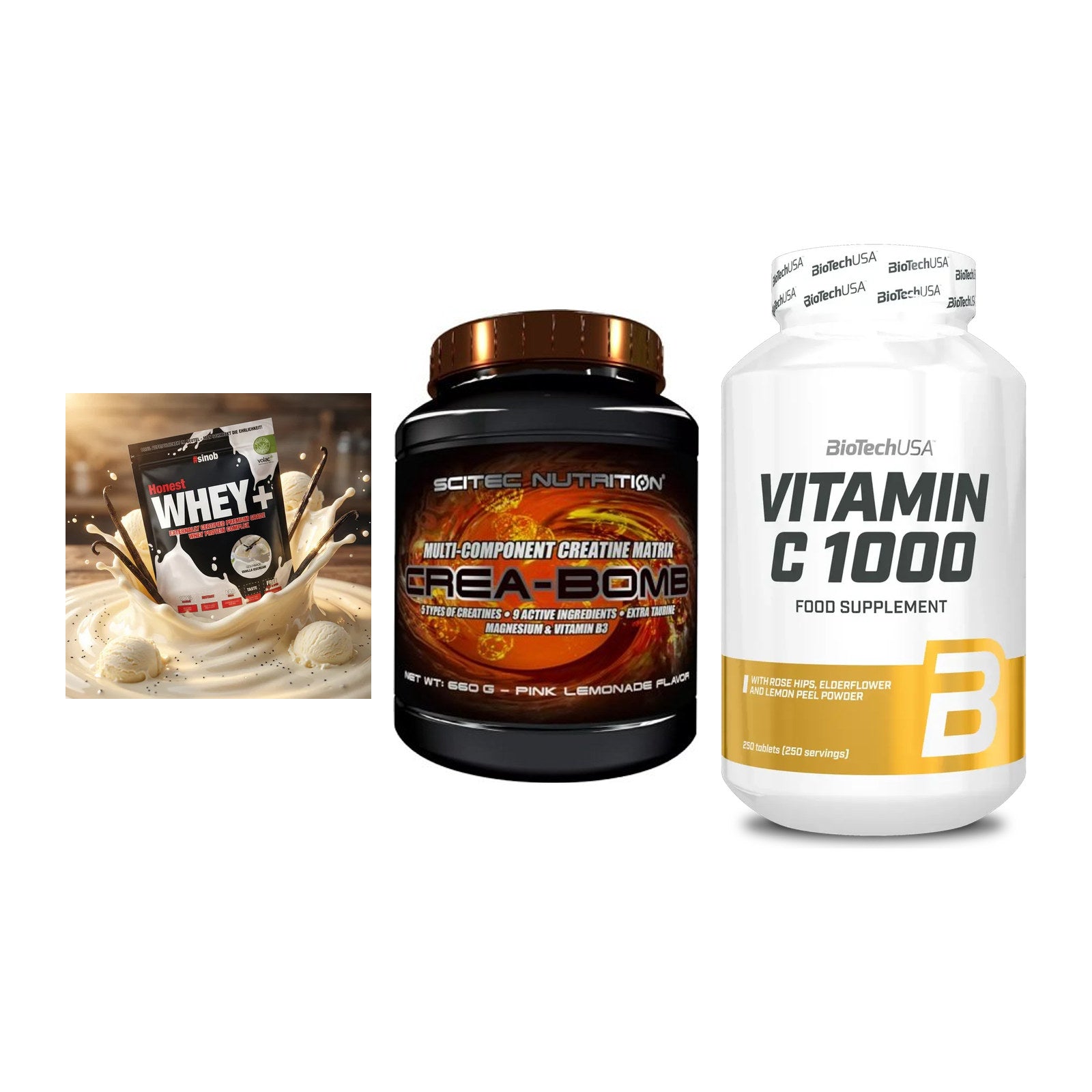 Einsteiger-Set: Sinob Honest + Scitec Crea-Bomb + BioTech Vitamin – alle enthaltenen Artikel