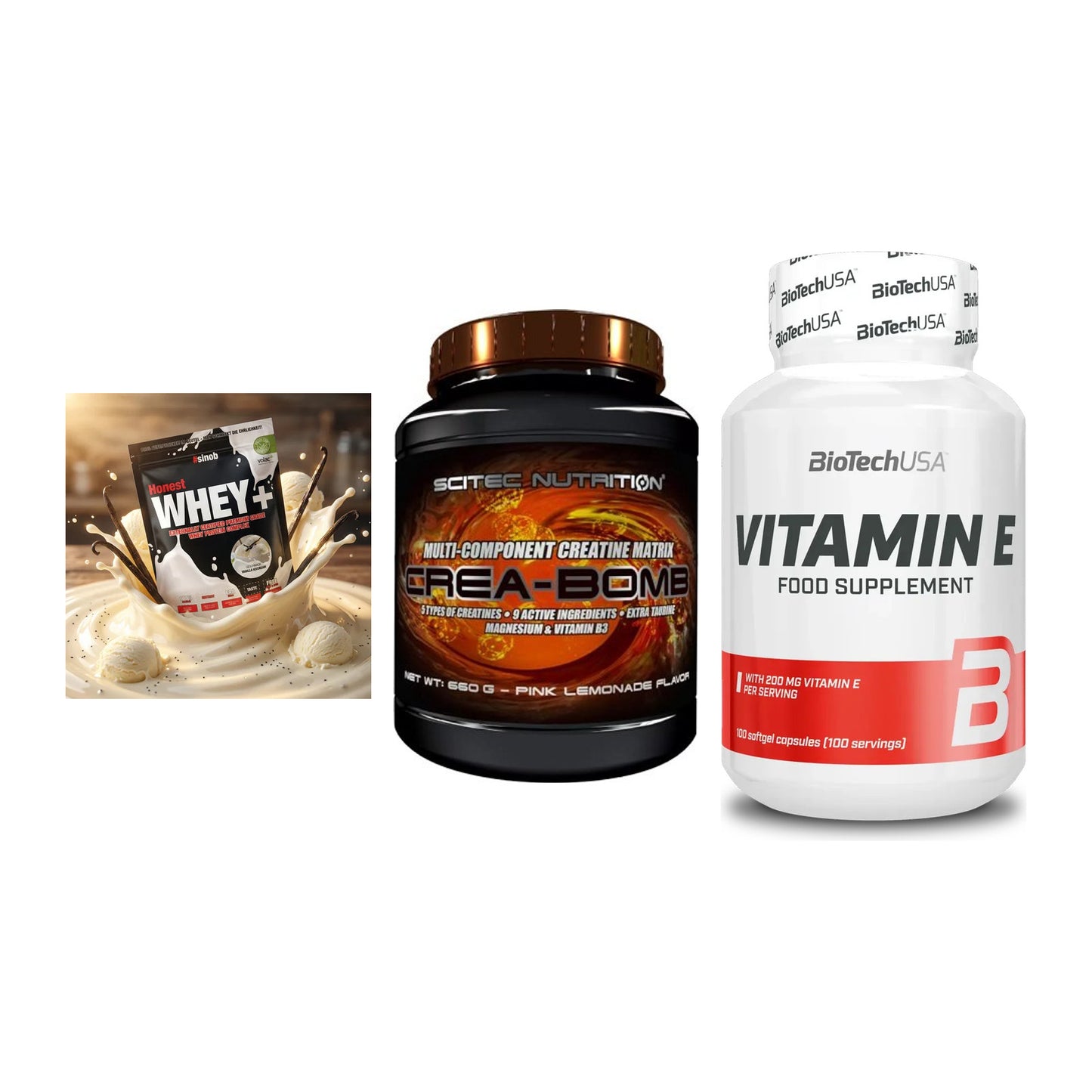 Einsteiger-Set: Sinob Honest + Scitec Crea-Bomb + BioTech Vitamin – alle enthaltenen Artikel