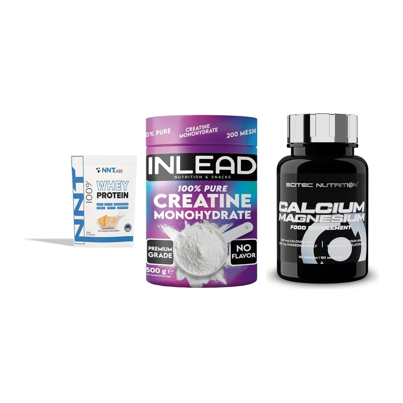 Einsteiger-Set: NNT Whey + INLEAD Creatine + Scitec Calcium – alle enthaltenen Artikel