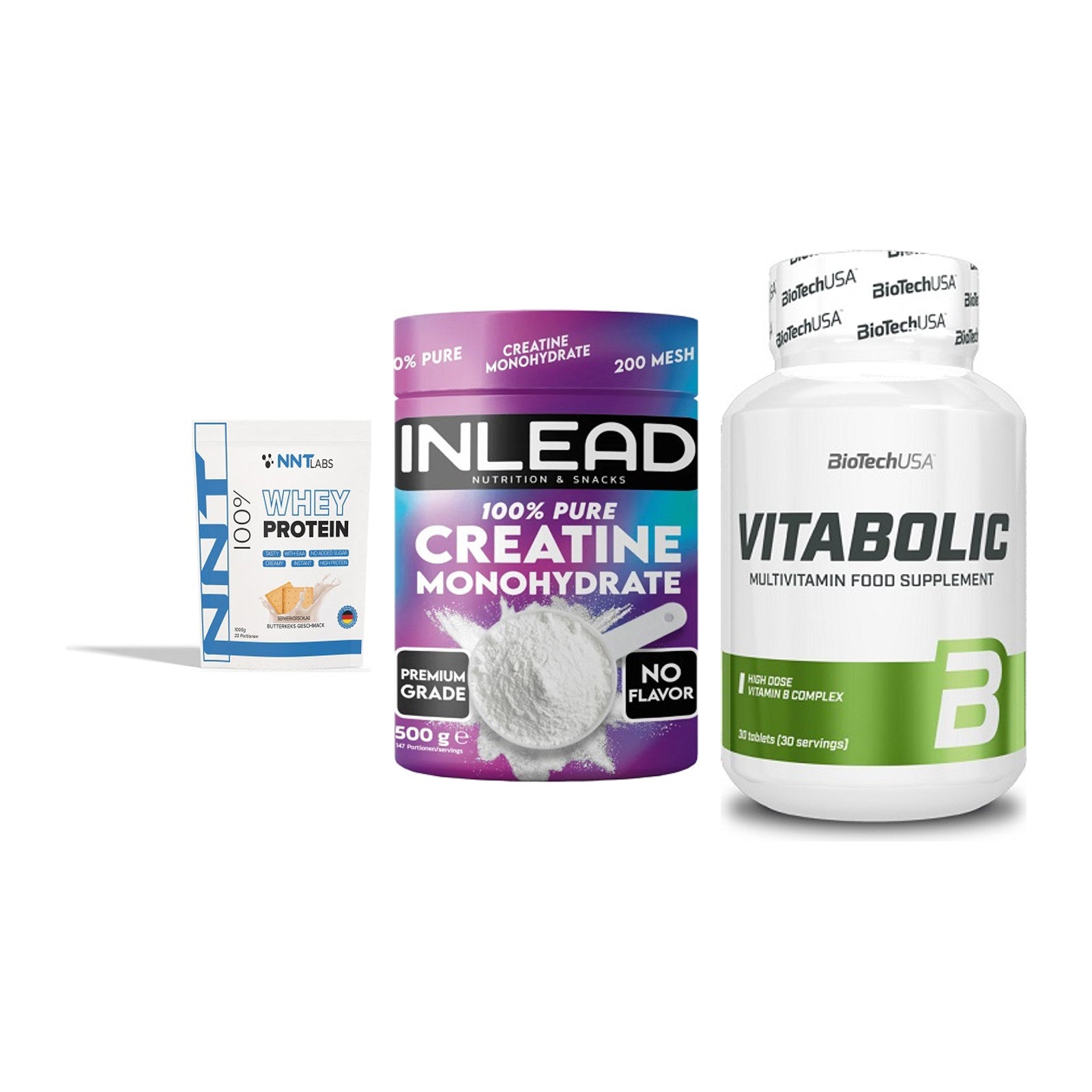 Einsteiger-Set: NNT Whey + INLEAD Creatine + BioTech Vitaboli – alle enthaltenen Artikel
