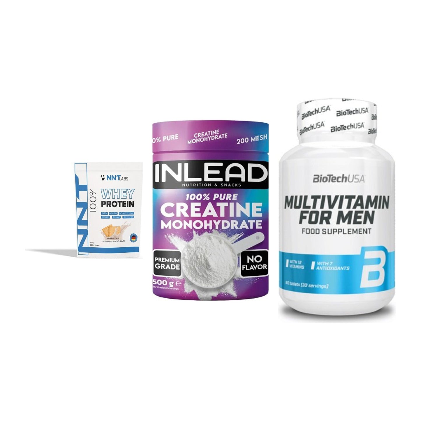 Einsteiger-Set: NNT Whey + INLEAD Creatine + BioTech Multivit – alle enthaltenen Artikel