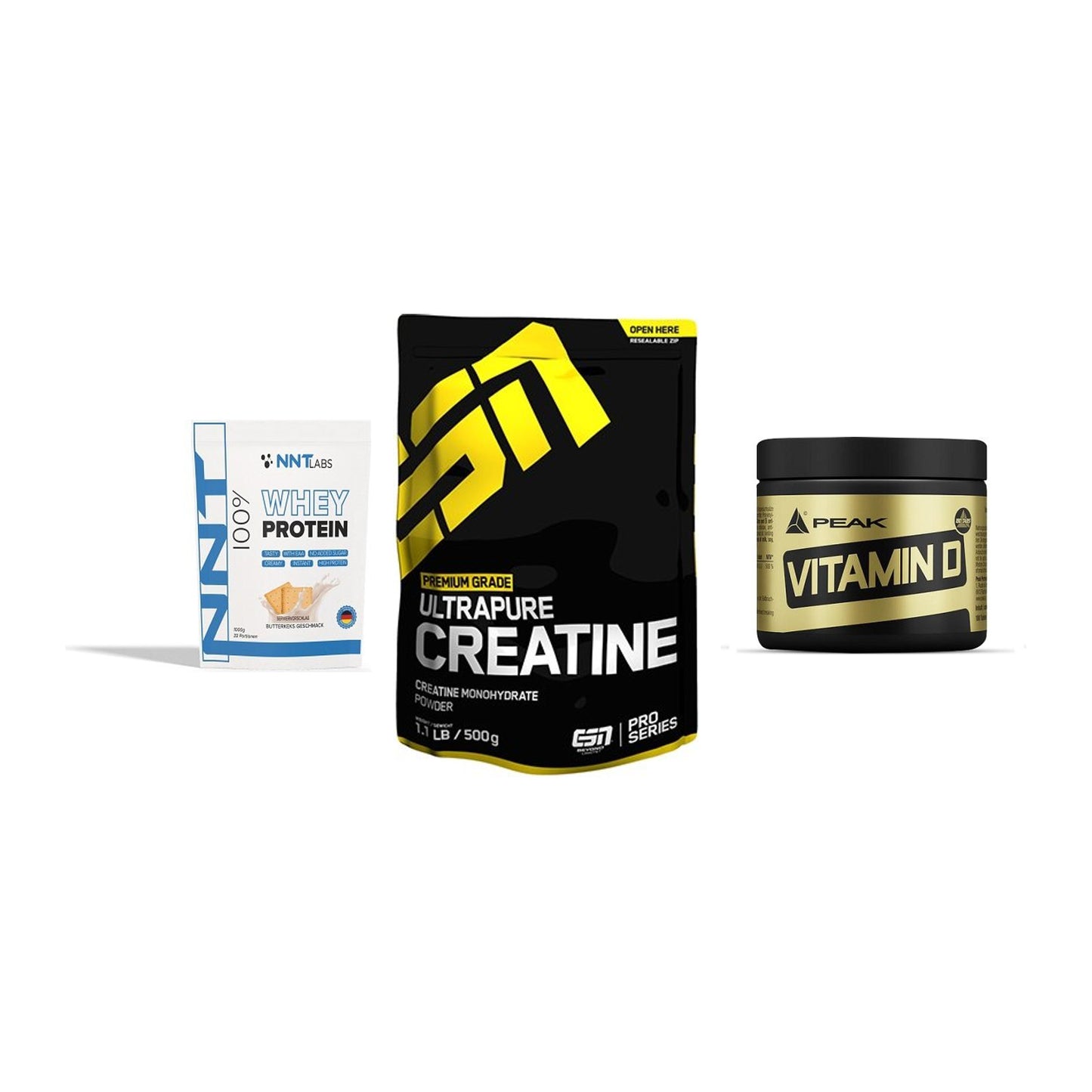 Einsteiger-Set: NNT Whey + ESN Ultrapure + Peak Vitamin D – alle enthaltenen Artikel