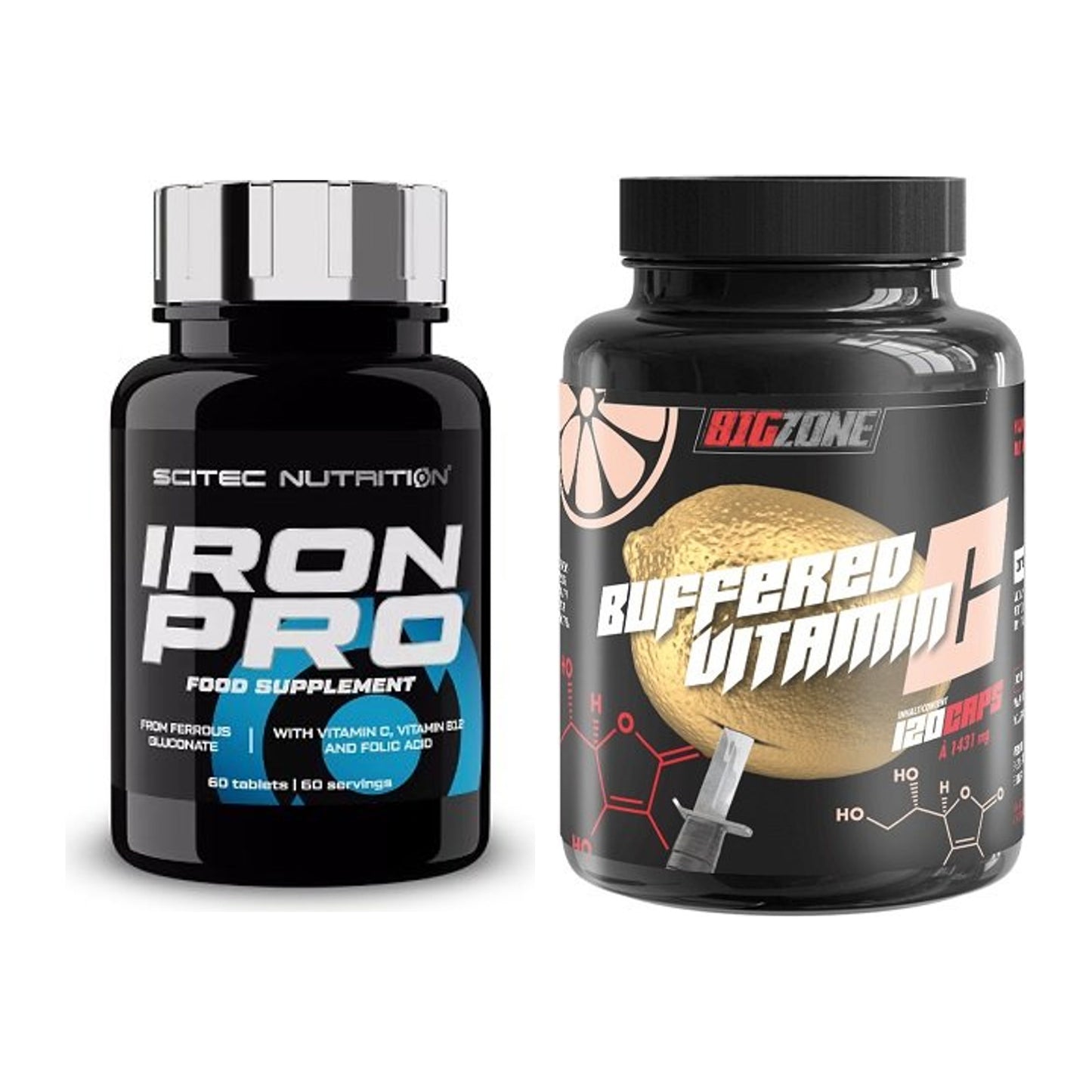 Eisen & Vitamin C: Scitec Iron Pro + Big Zone Buffered Vitamin C – alle enthaltenen Artikel