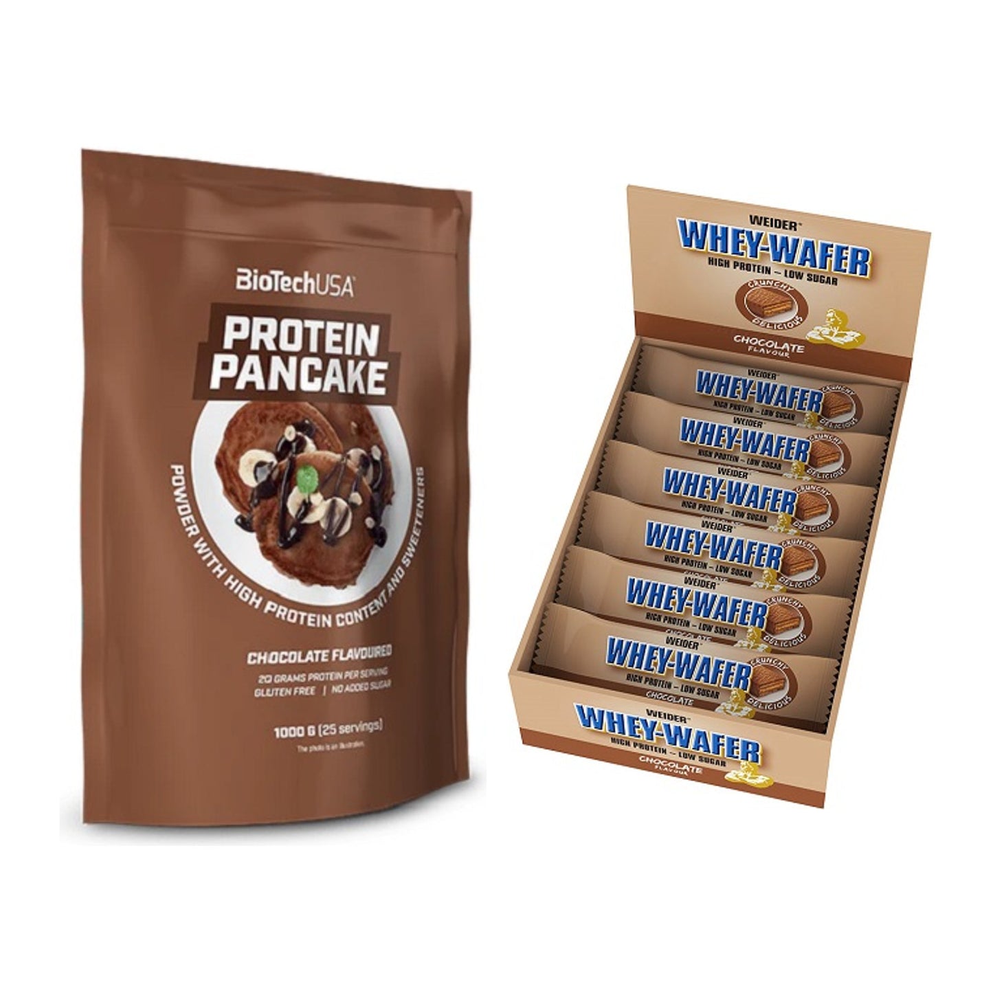 Protein-Frühstücks-Set: BioTech Protein Pancake + Weider Whey Wafer – alle enthaltenen Artikel