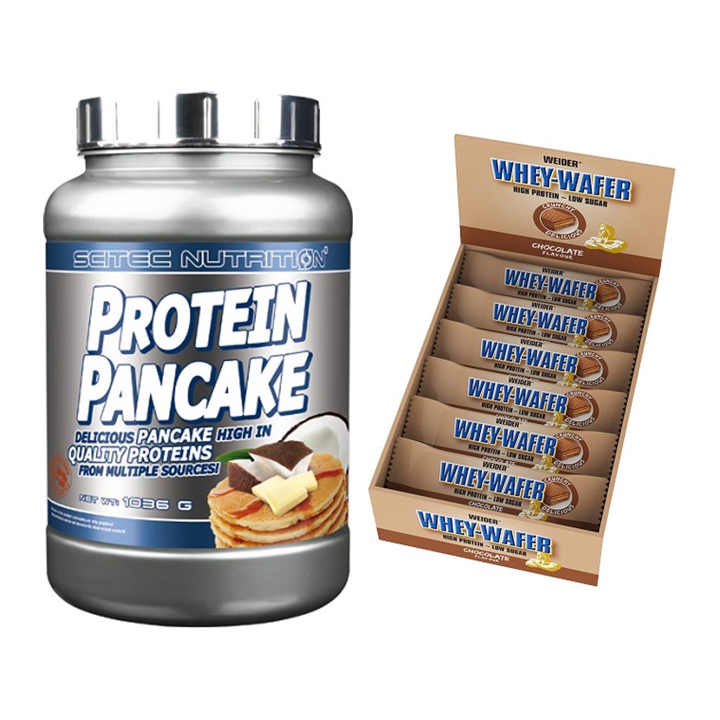 Protein-Frühstücks-Set: Scitec Protein Pancake + Weider Whey Wafer – alle enthaltenen Artikel