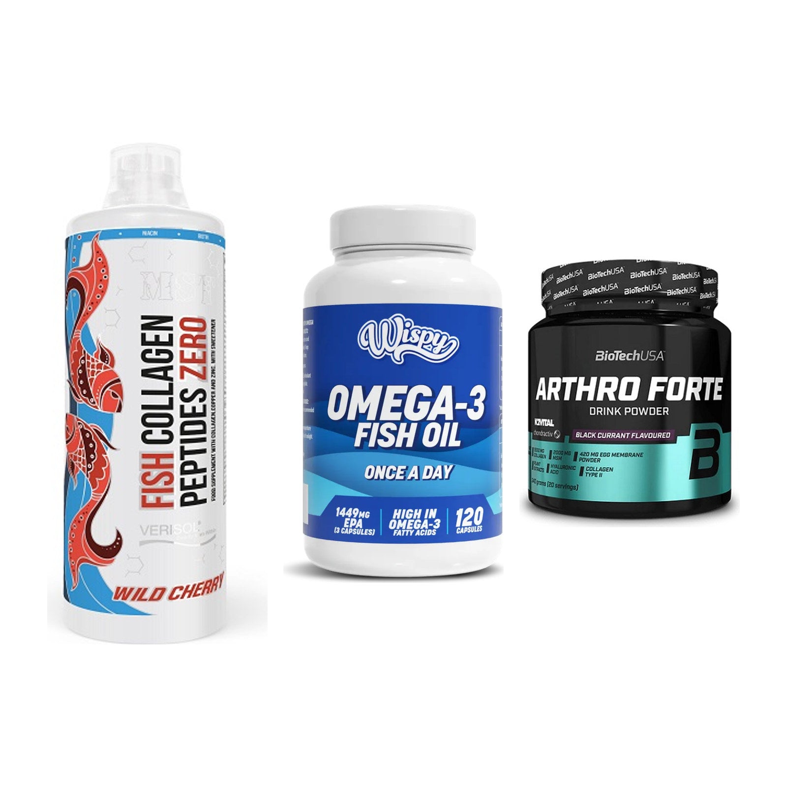 Gelenk-Set: MST Fish Collagen + Wispy Omega 3 + BioTech Arthro – alle enthaltenen Artikel