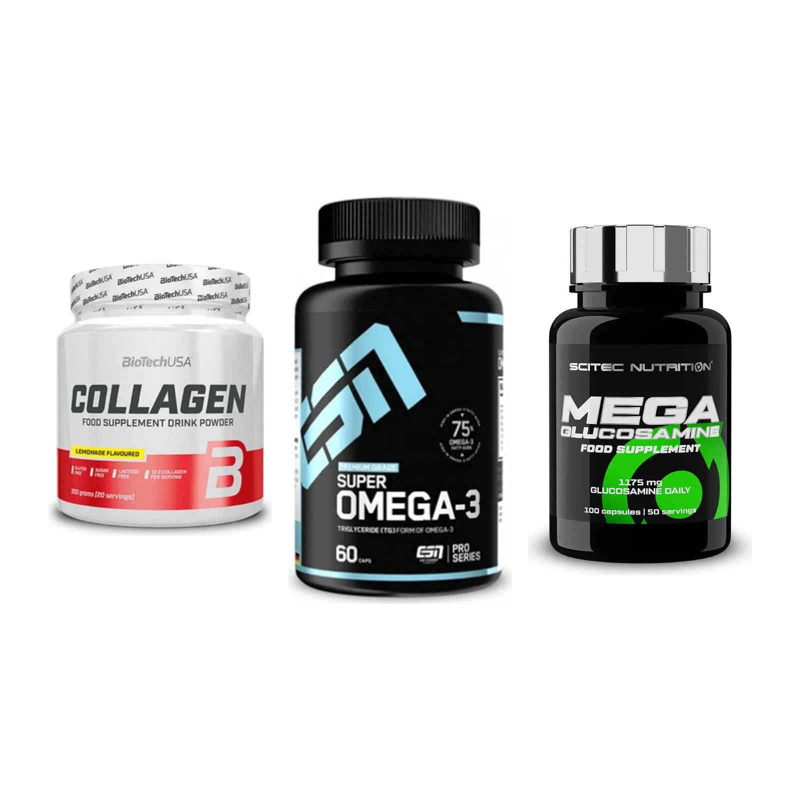 Gelenk-Set: BioTech Collagen + ESN Omega 3 + Scitec Mega Glucosamine – alle enthaltenen Artikel
