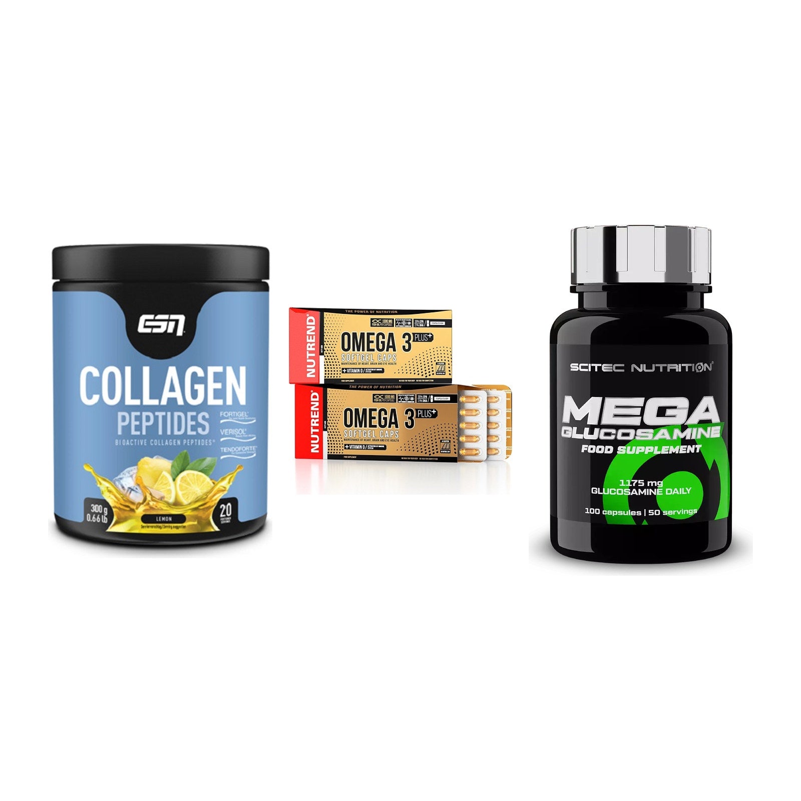 Gelenk-Set: ESN Collagen + Nutrend Omega 3 + Scitec Mega – alle enthaltenen Artikel
