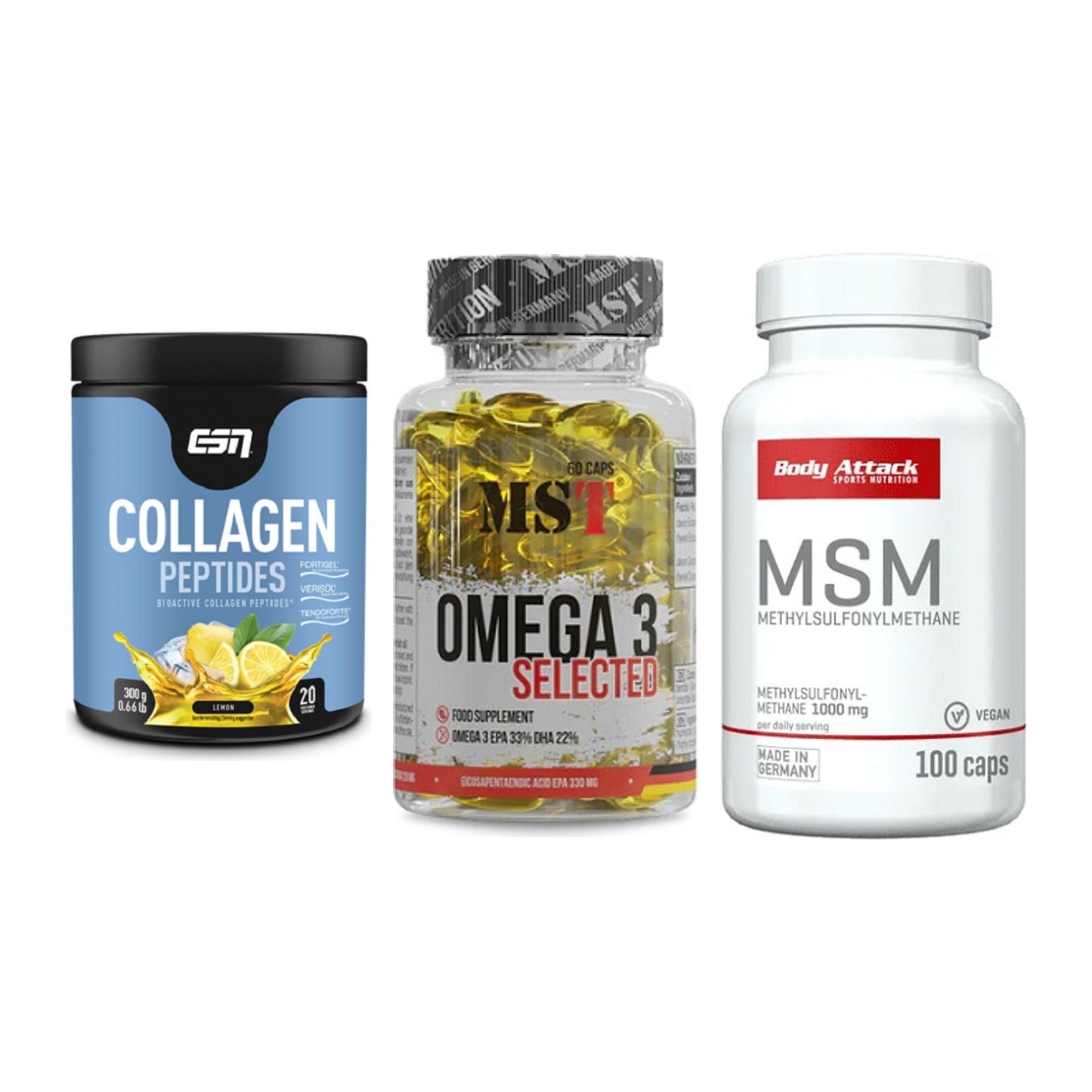 Gelenk-Set: ESN Collagen + MST Omega 3 + Body Attack MSM – alle enthaltenen Artikel