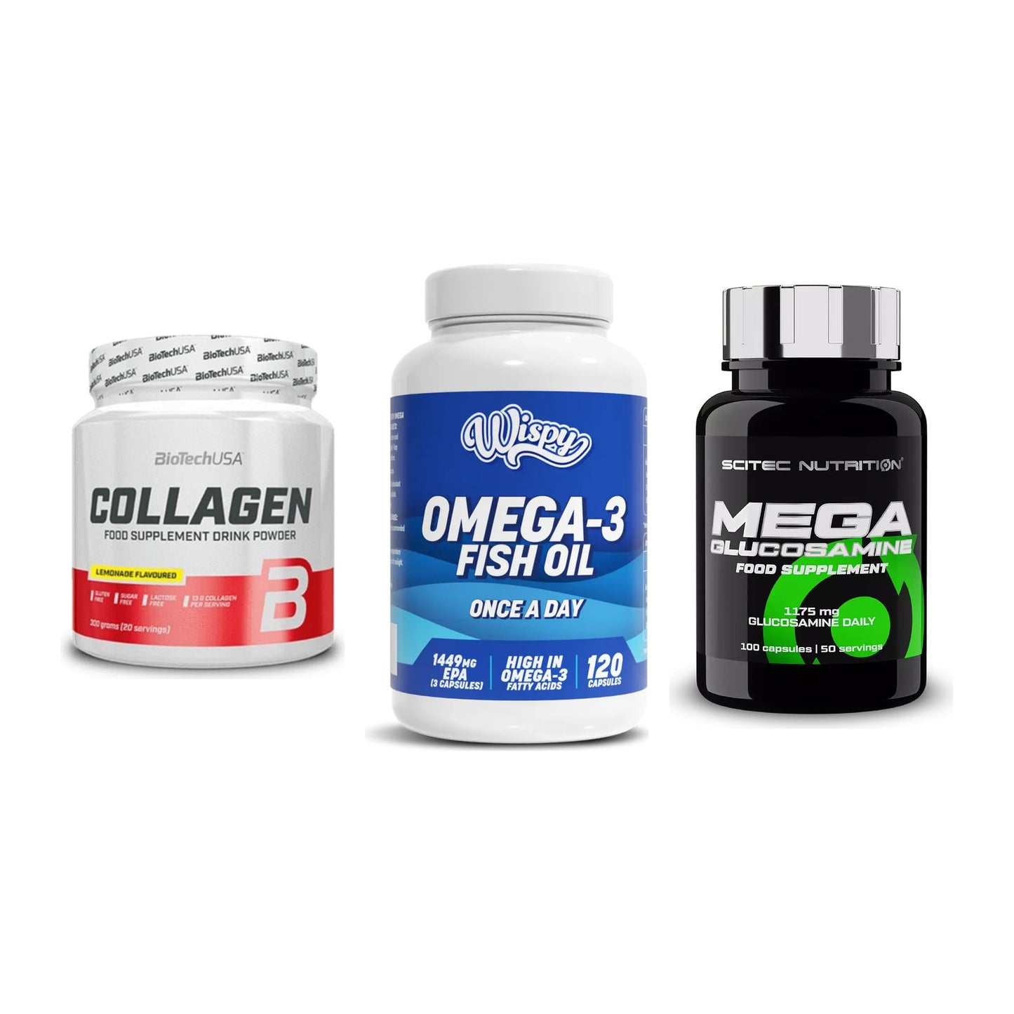 Gelenk-Set: BioTech Collagen + Wispy Omega 3 + Scitec Mega – alle enthaltenen Artikel