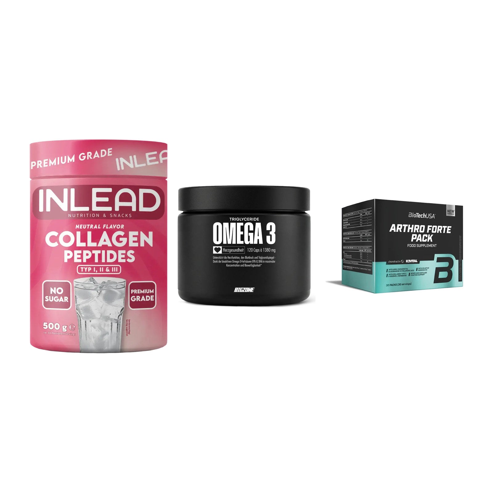 Gelenk-Set: INLEAD Collagen + Big Zone Omega 3 + BioTech Arthro – alle enthaltenen Artikel