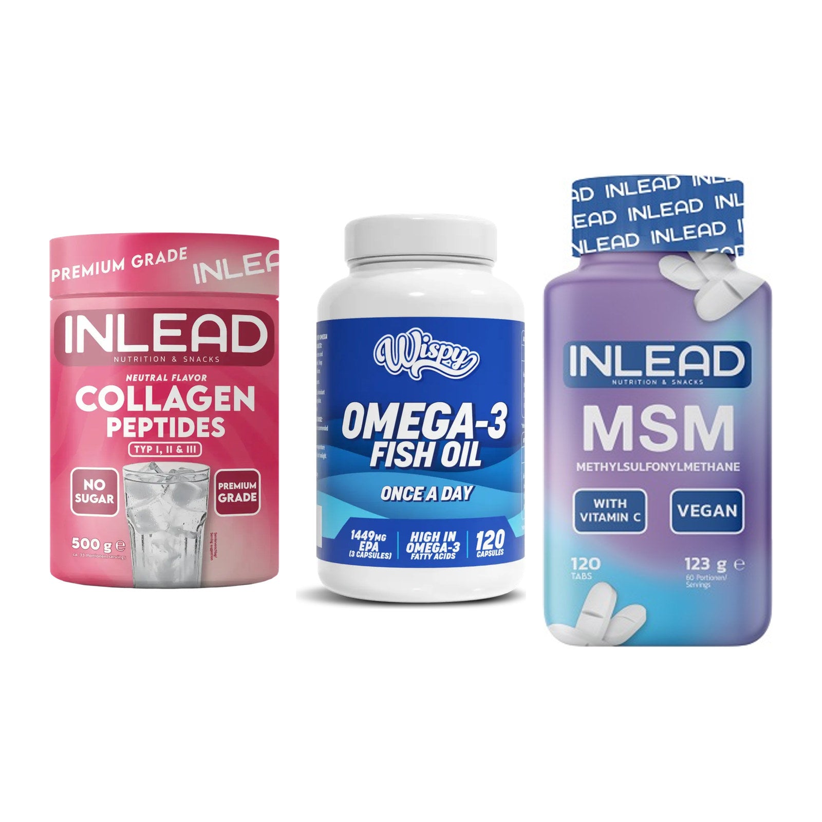 Gelenk-Set: INLEAD Collagen + Wispy Omega 3 + INLEAD MSM – alle enthaltenen Artikel