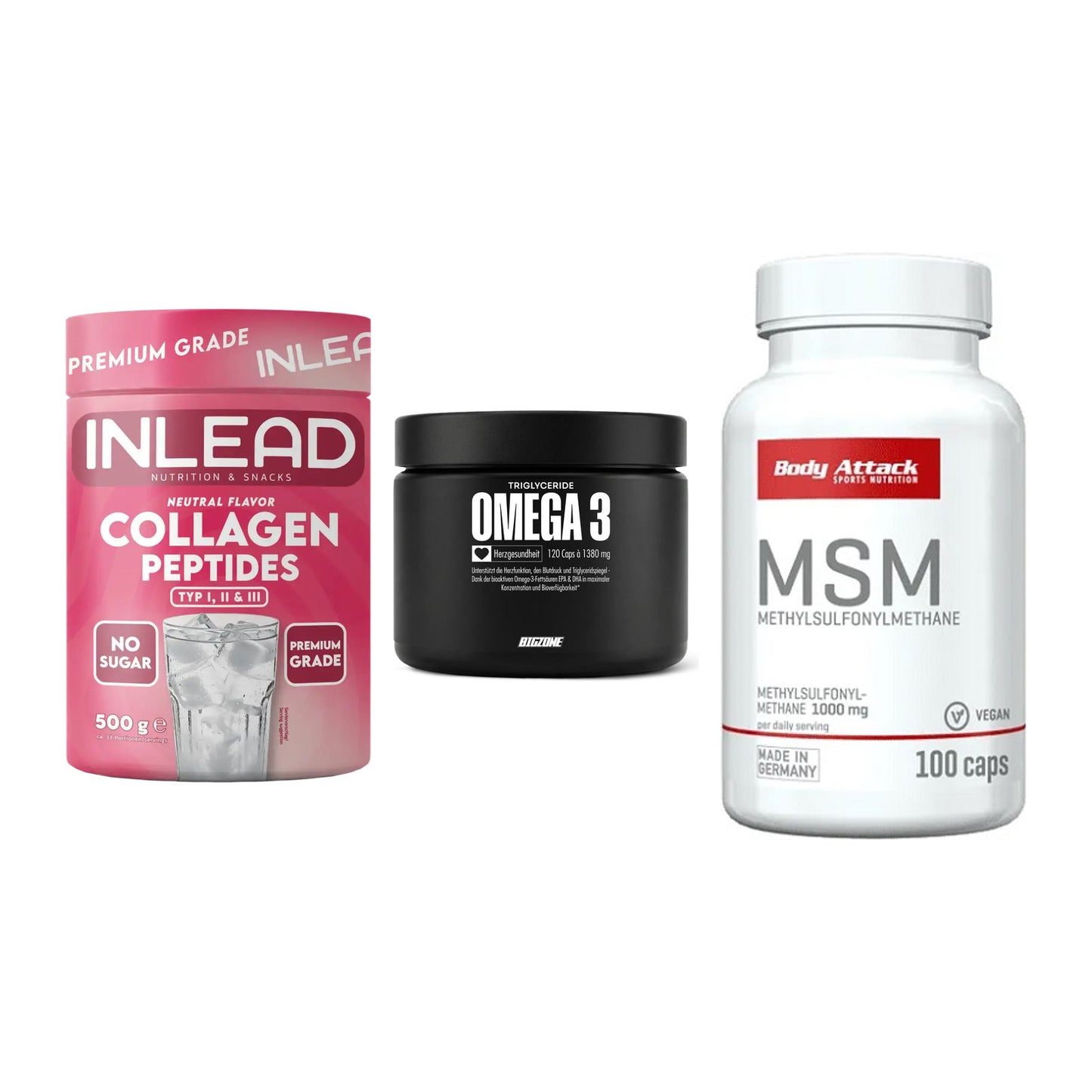 Gelenk-Set: INLEAD Collagen + Big Zone Omega 3 + Body Attack MSM – alle enthaltenen Artikel