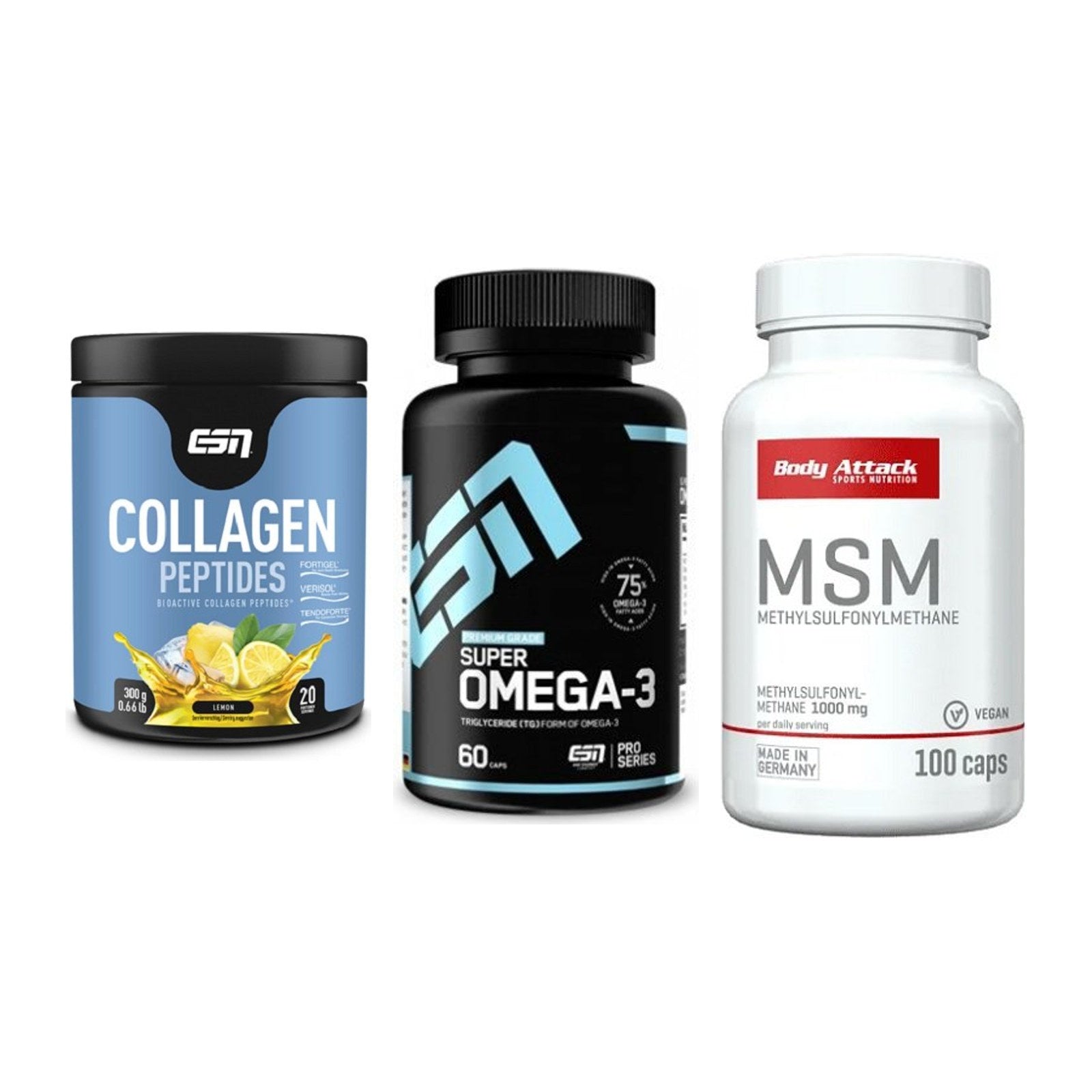 Gelenk-Set: ESN Collagen Peptides + ESN Omega 3 + Body Attack MSM – alle enthaltenen Artikel