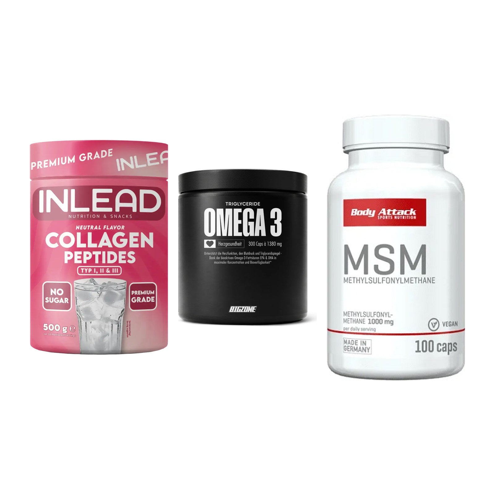 Gelenk-Set: INLEAD Collagen + Big Zone Omega 3 + Body Attack MSM – alle enthaltenen Artikel