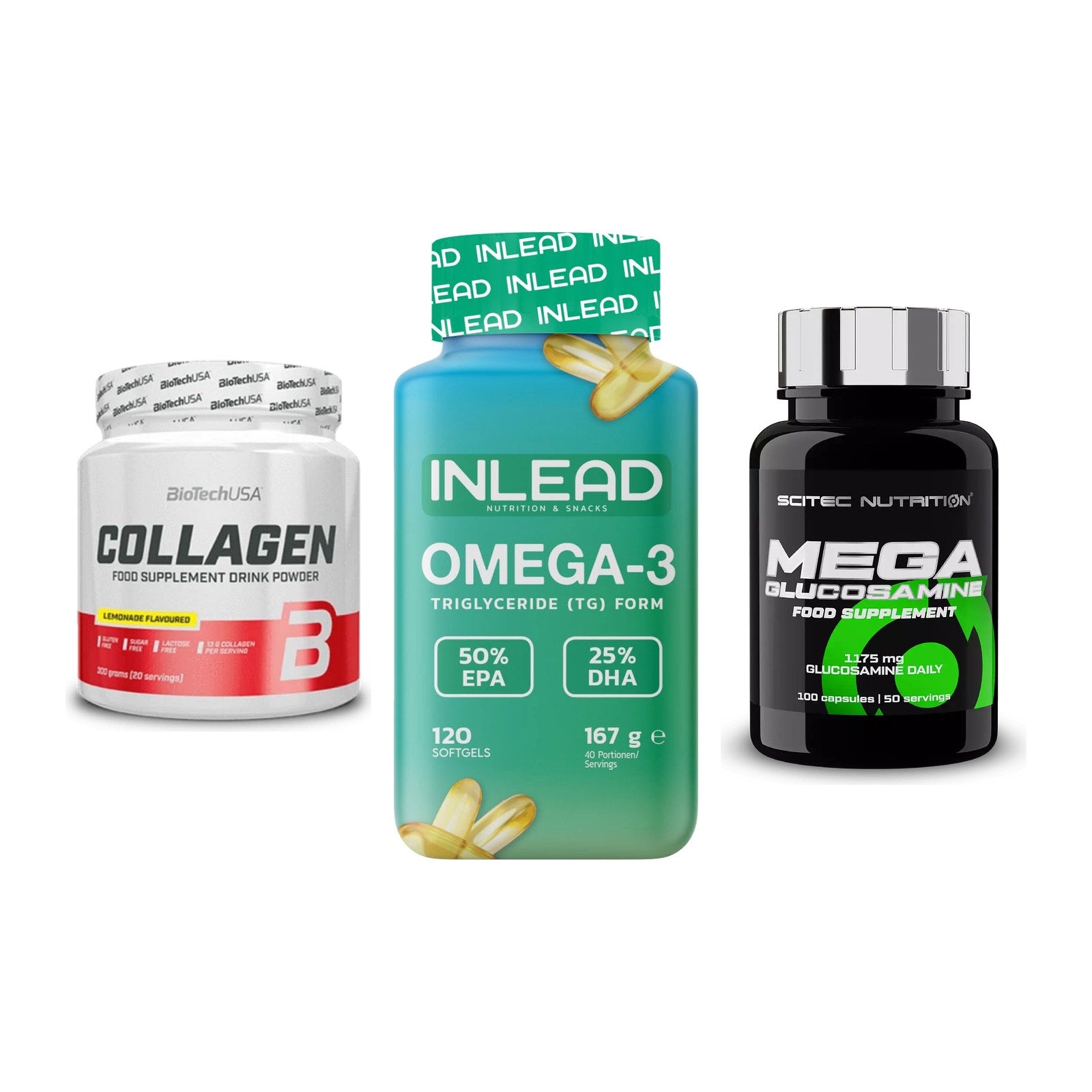 Gelenk-Set: BioTech Collagen + INLEAD Omega-3 + Scitec Mega – alle enthaltenen Artikel