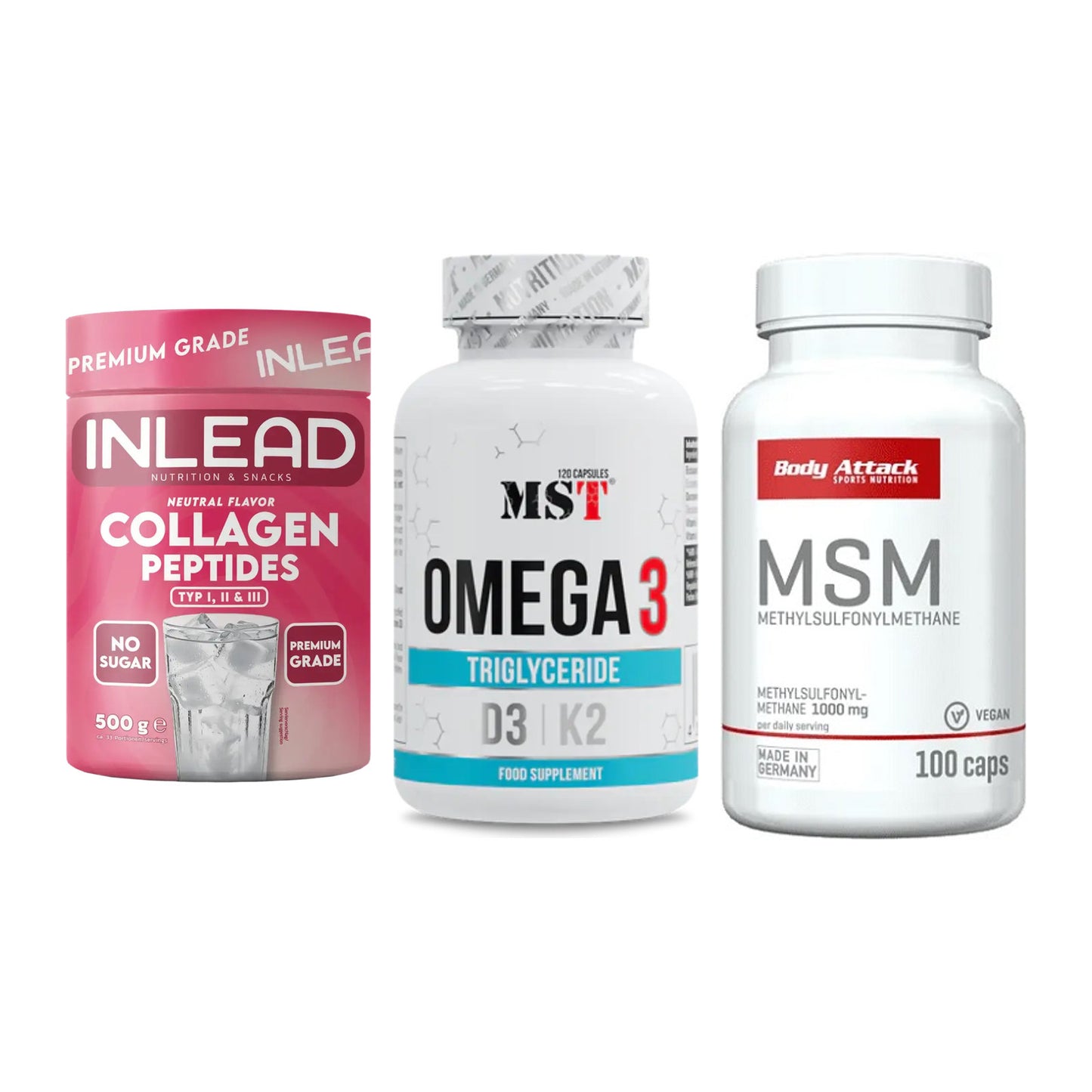 Gelenk-Set: INLEAD Collagen + MST Omega 3 500 + Body Attack MSM – alle enthaltenen Artikel