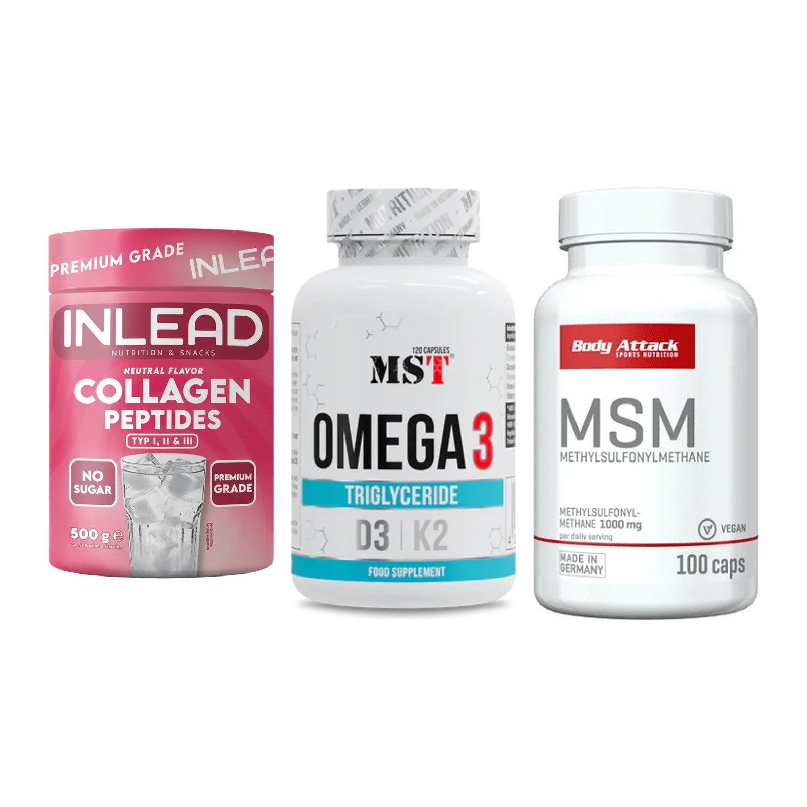 Gelenk-Set: INLEAD Collagen + MST Omega 3 500 + Body Attack MSM – alle enthaltenen Artikel