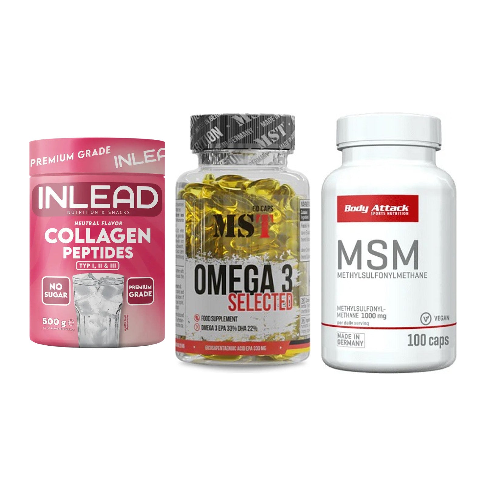 Gelenk-Set: INLEAD Collagen + MST Omega 3 + Body Attack MSM – alle enthaltenen Artikel
