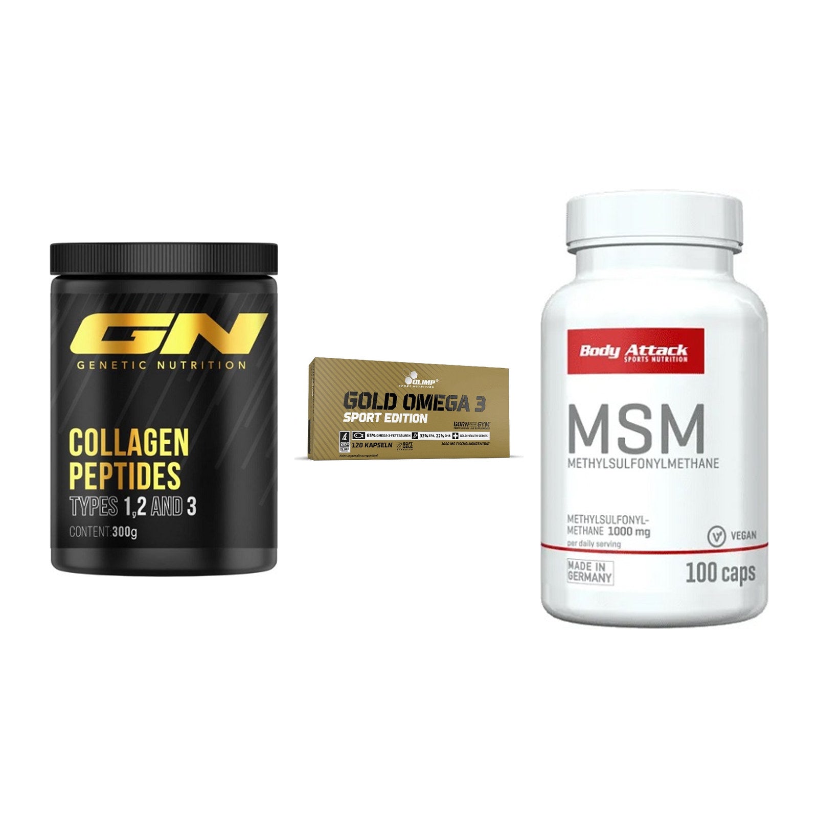 Gelenk-Set: GN Peptan + Olimp Omega 3 + Body Attack MSM – alle enthaltenen Artikel