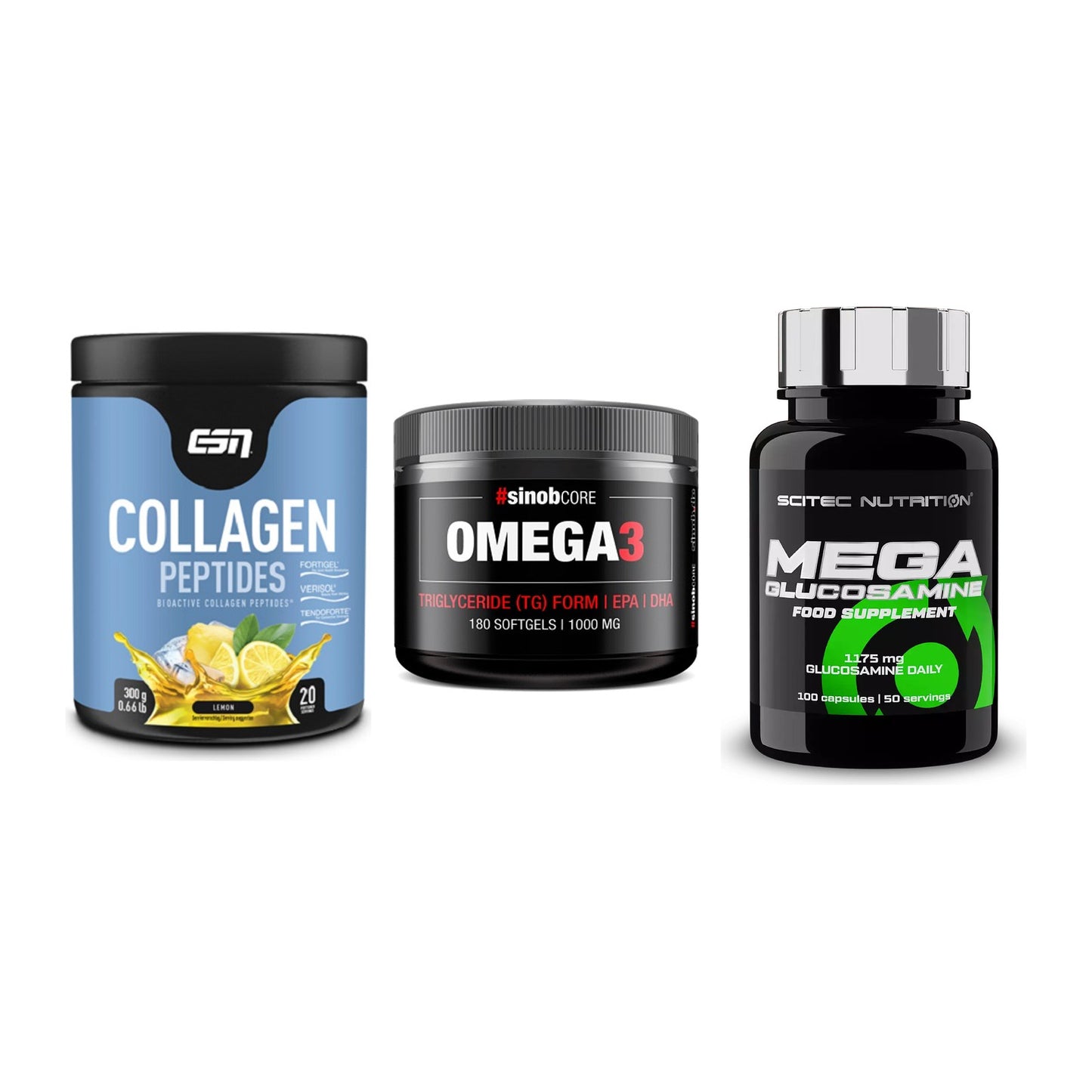 Gelenk-Set: ESN Collagen + Sinob Omega 3 180 + Scitec Mega – alle enthaltenen Artikel