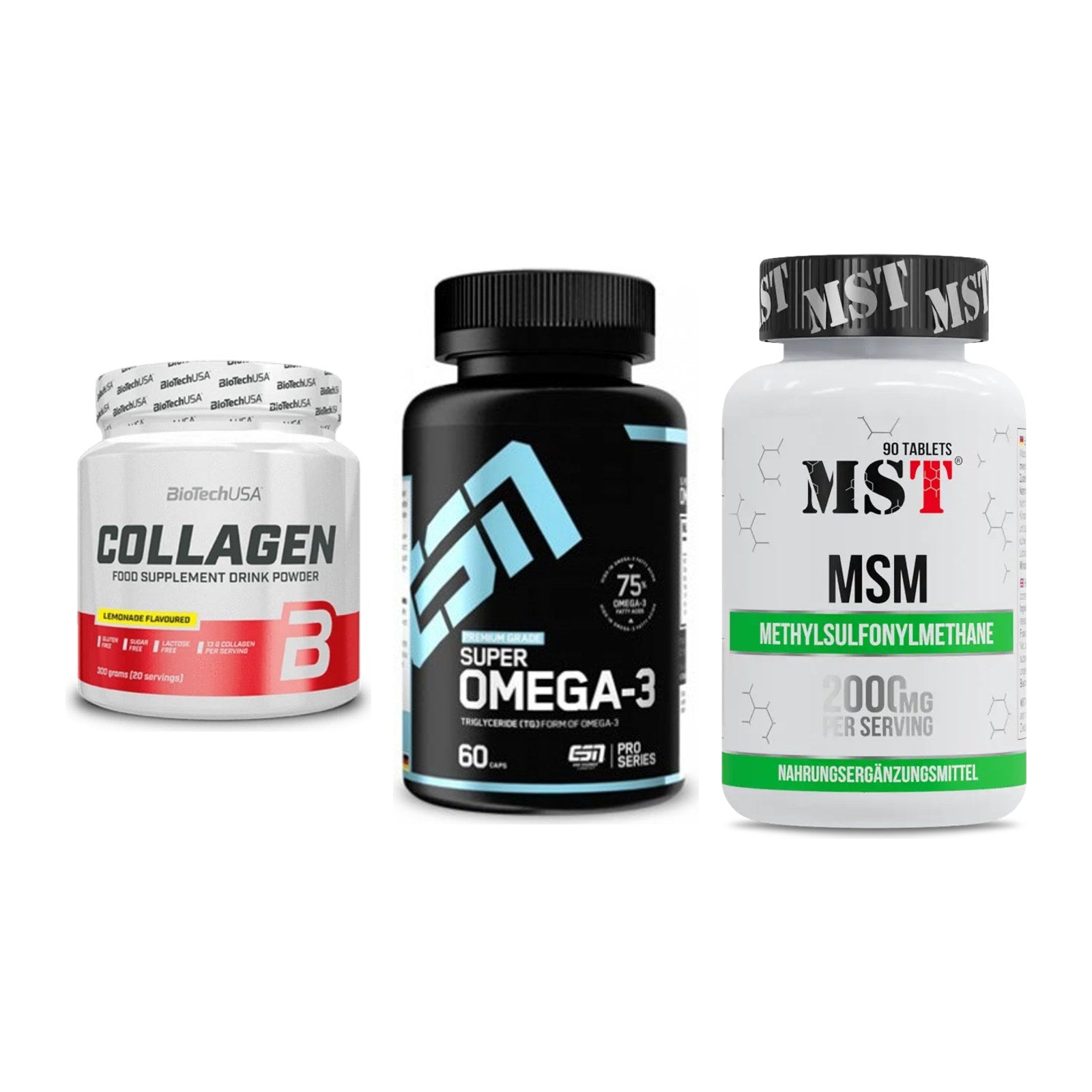 Gelenk-Set: BioTech Collagen + ESN Omega 3 + MST MSM 2000 / 90Tabl. – alle enthaltenen Artikel