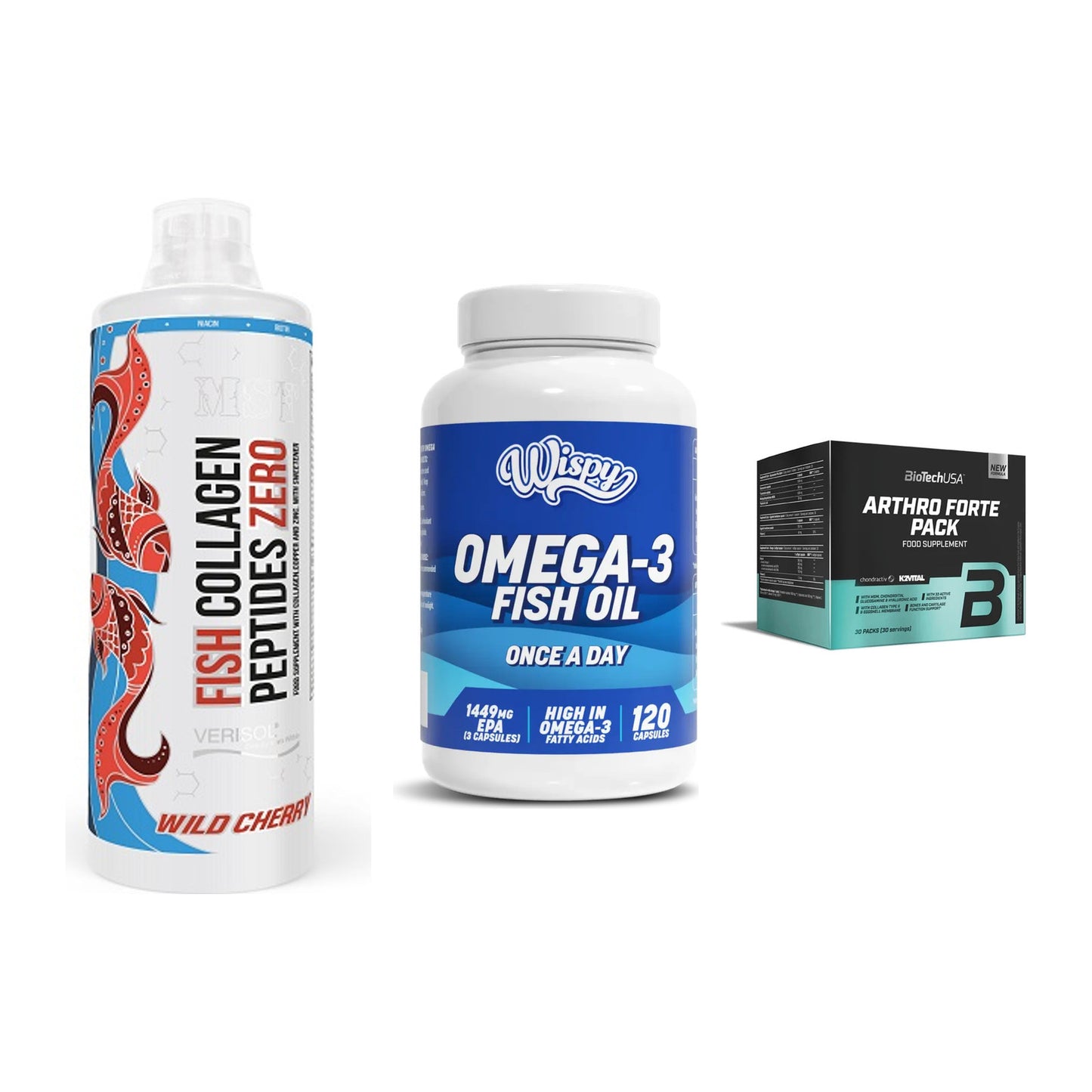 Gelenk-Set: MST Fish Collagen + Wispy Omega 3 + BioTech Arthro – alle enthaltenen Artikel