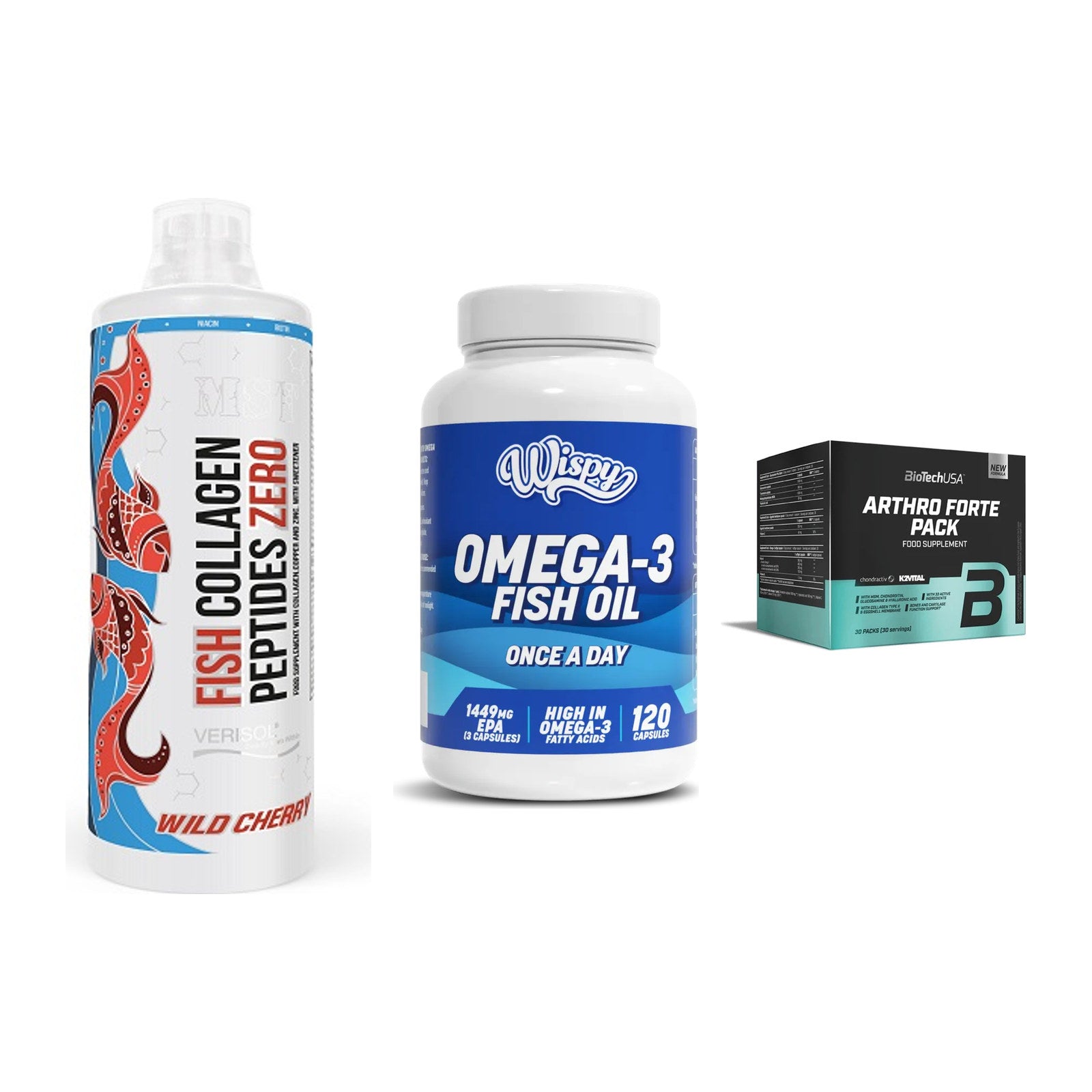 Gelenk-Set: MST Fish Collagen + Wispy Omega 3 + BioTech Arthro – alle enthaltenen Artikel