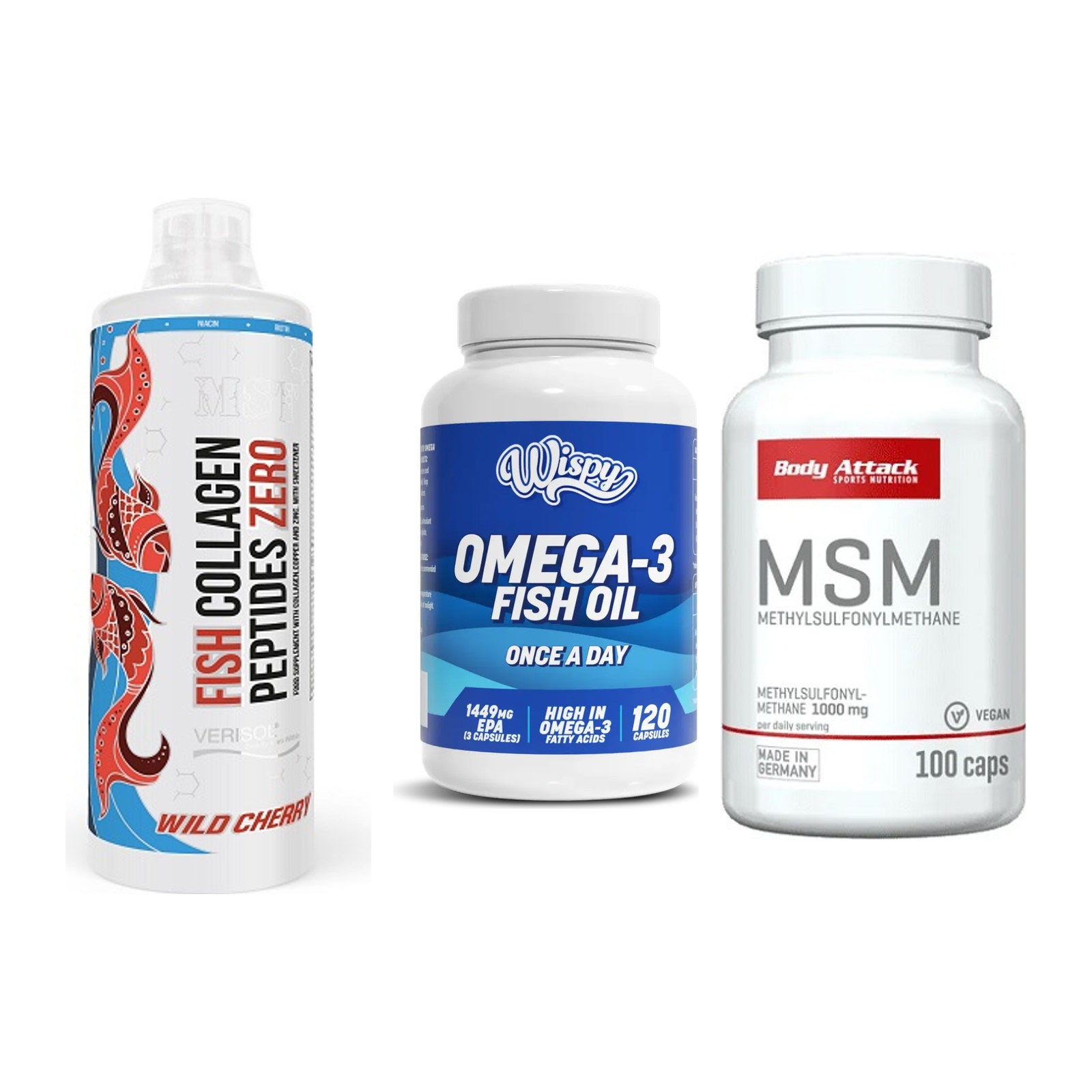 Gelenk-Set: MST Fish Collagen + Wispy Omega 3 + Body Attack MSM – alle enthaltenen Artikel