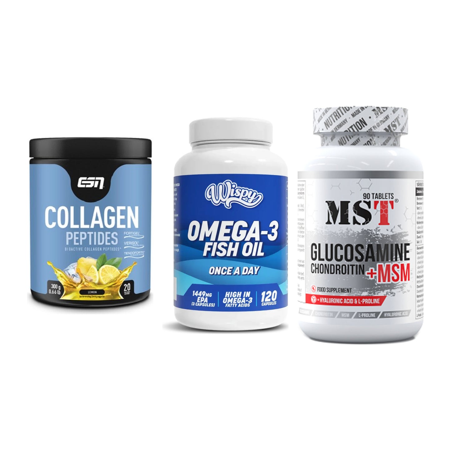 Gelenk-Set: ESN Collagen + Wispy Omega 3 + MST Glucosamine – alle enthaltenen Artikel