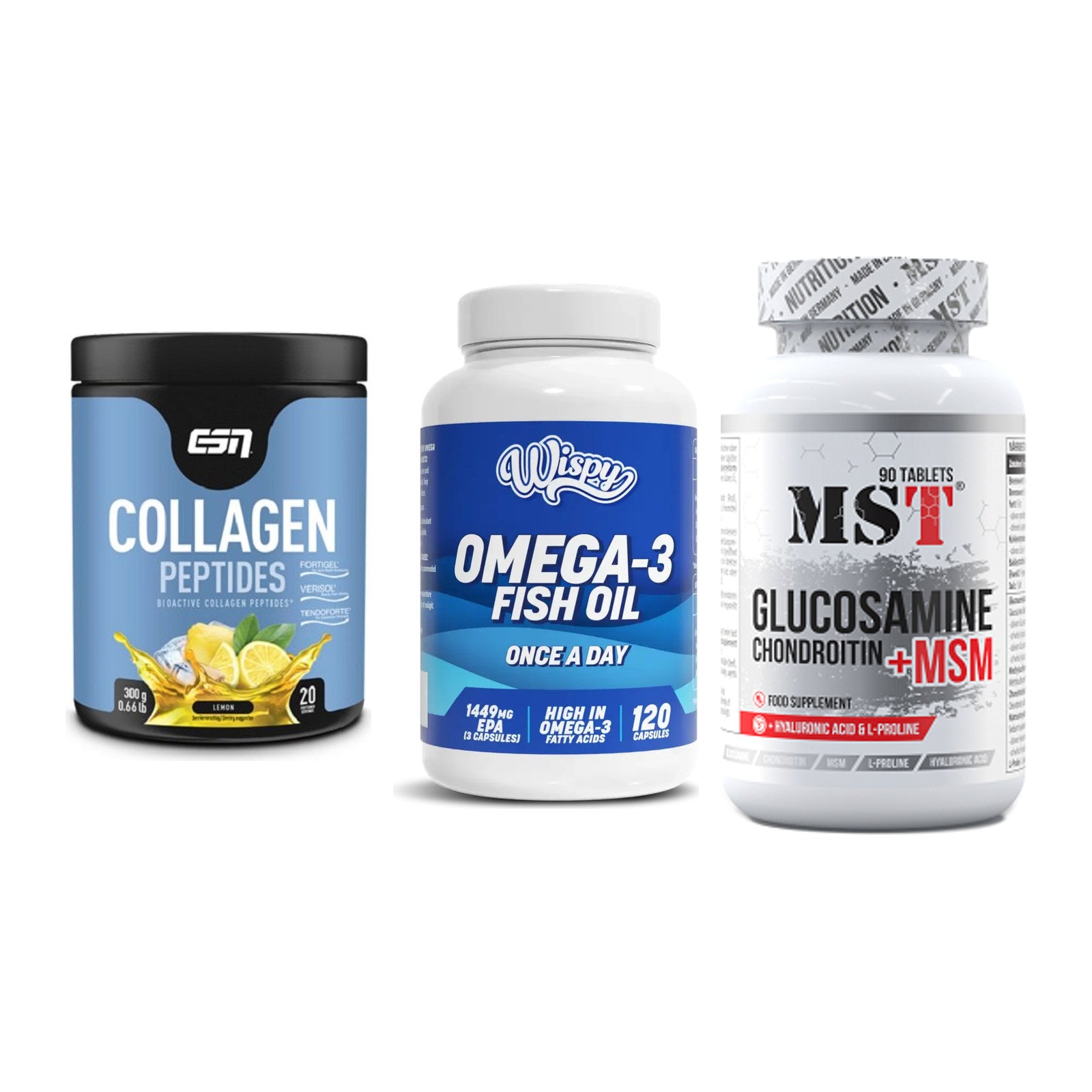 Gelenk-Set: ESN Collagen + Wispy Omega 3 + MST Glucosamine – alle enthaltenen Artikel