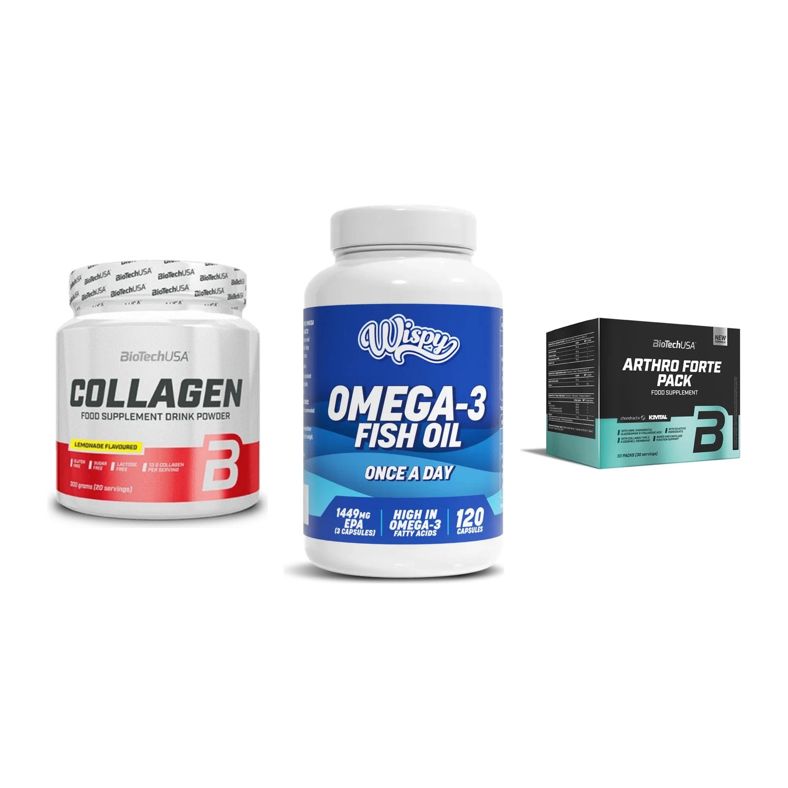 Gelenk-Set: BioTech Collagen + Wispy Omega 3 + BioTech Arthro – alle enthaltenen Artikel