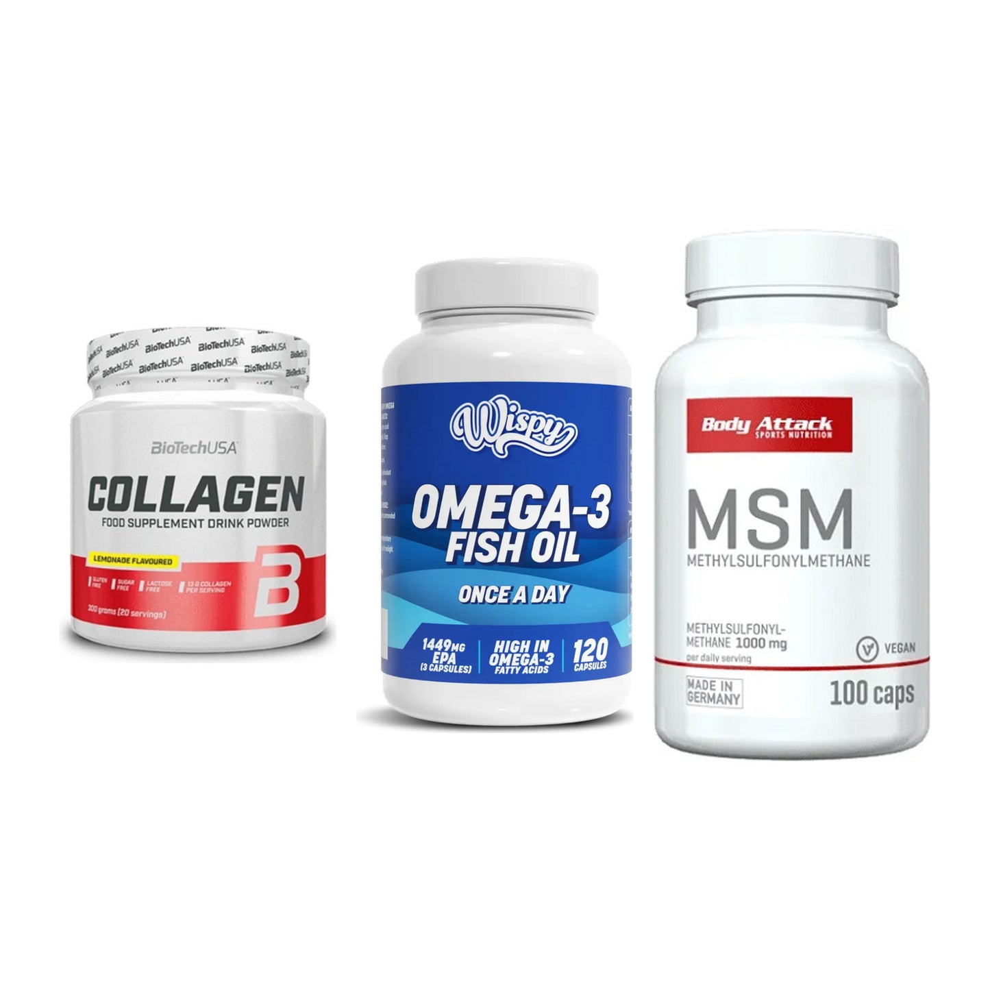 Gelenk-Set: BioTech Collagen + Wispy Omega 3 + Body Attack MSM – alle enthaltenen Artikel