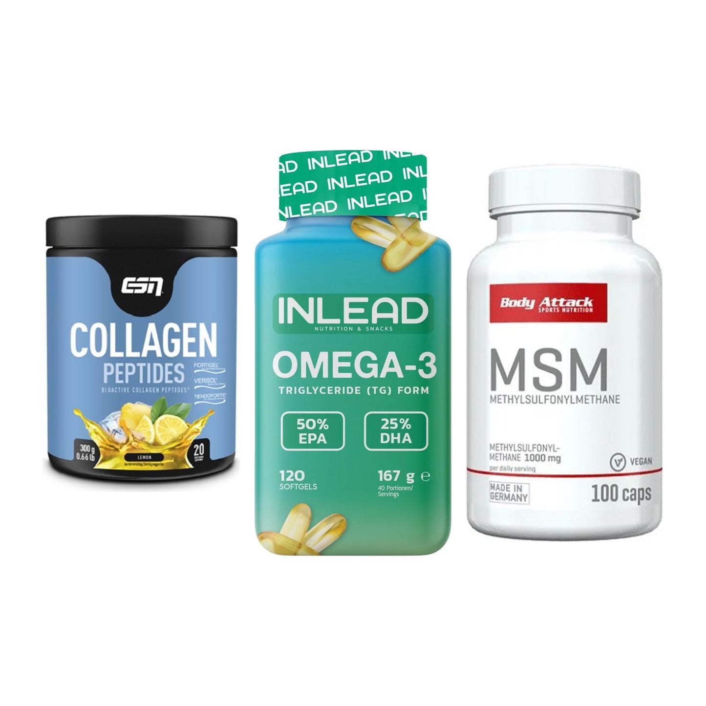 Gelenk-Set: ESN Collagen Peptides + INLEAD Omega-3 + Body Attack MSM – alle enthaltenen Artikel