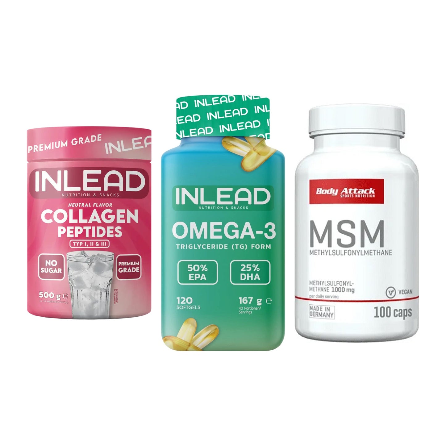 Gelenk-Set: INLEAD Collagen + INLEAD Omega-3 + Body Attack MSM – alle enthaltenen Artikel