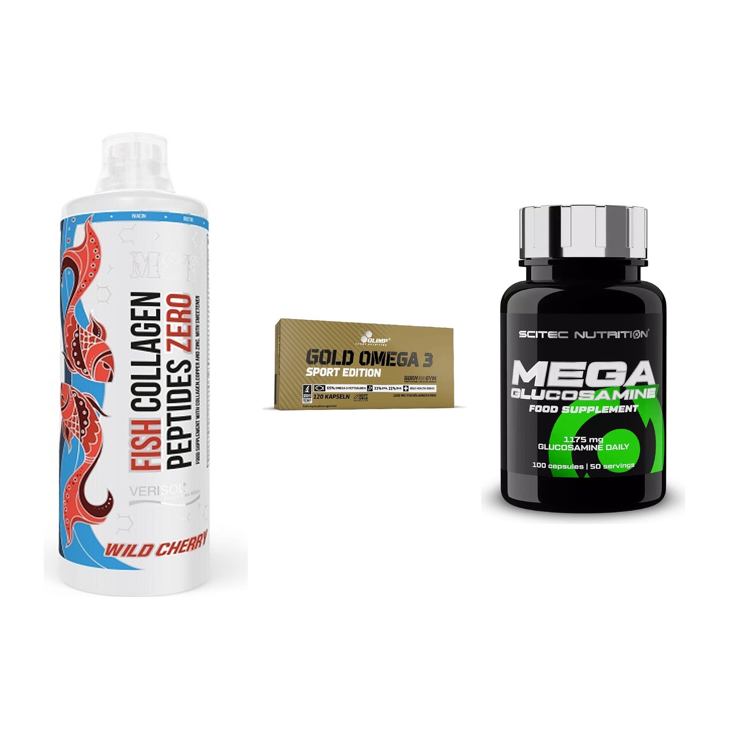 Gelenk-Set: MST Fish Collagen + Olimp Omega 3 + Scitec Mega – alle enthaltenen Artikel