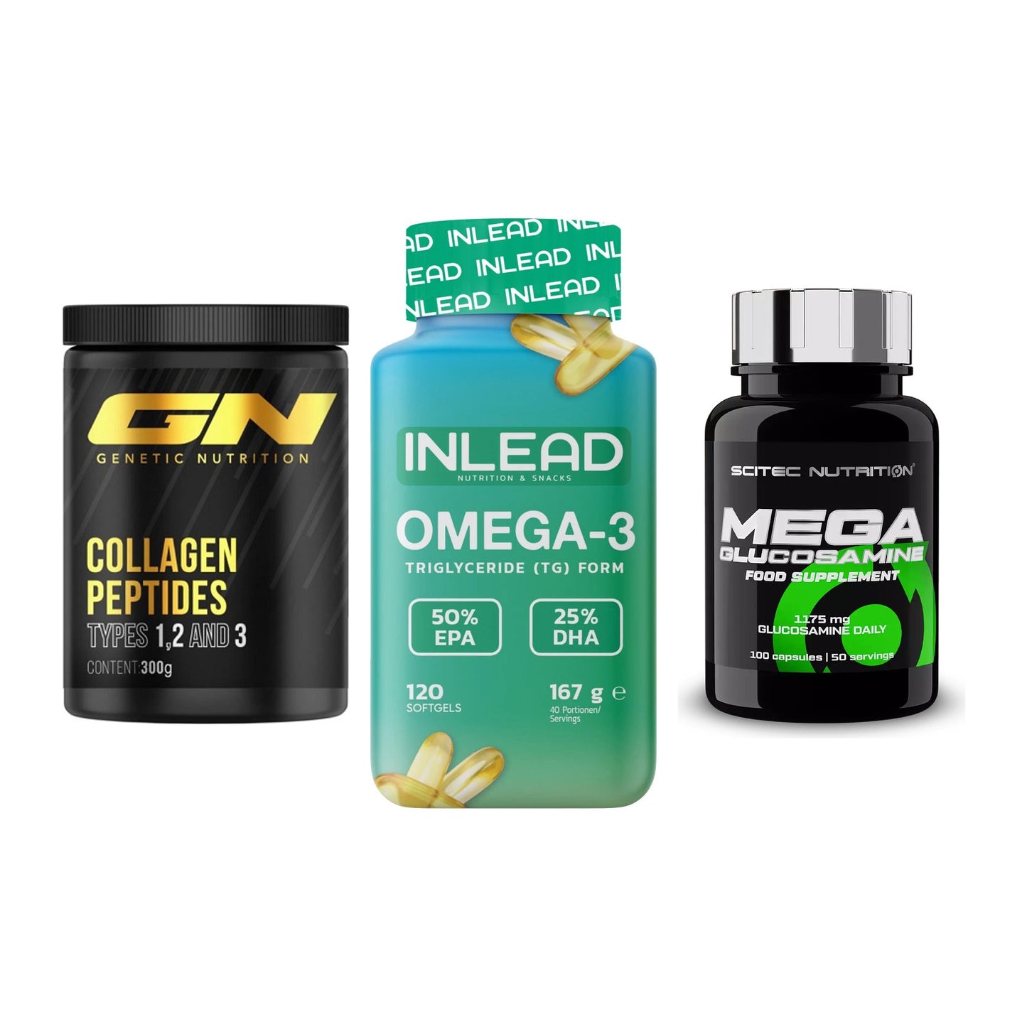 Gelenk-Set: GN Peptan + INLEAD Omega-3 + Scitec Mega – alle enthaltenen Artikel