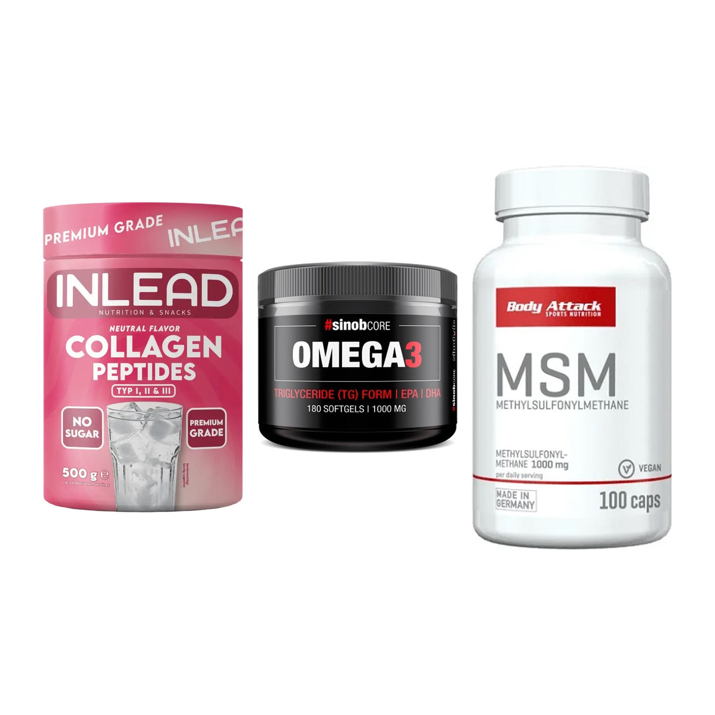 Gelenk-Set: INLEAD Collagen + Sinob Omega 3 180 + Body Attack MSM – alle enthaltenen Artikel