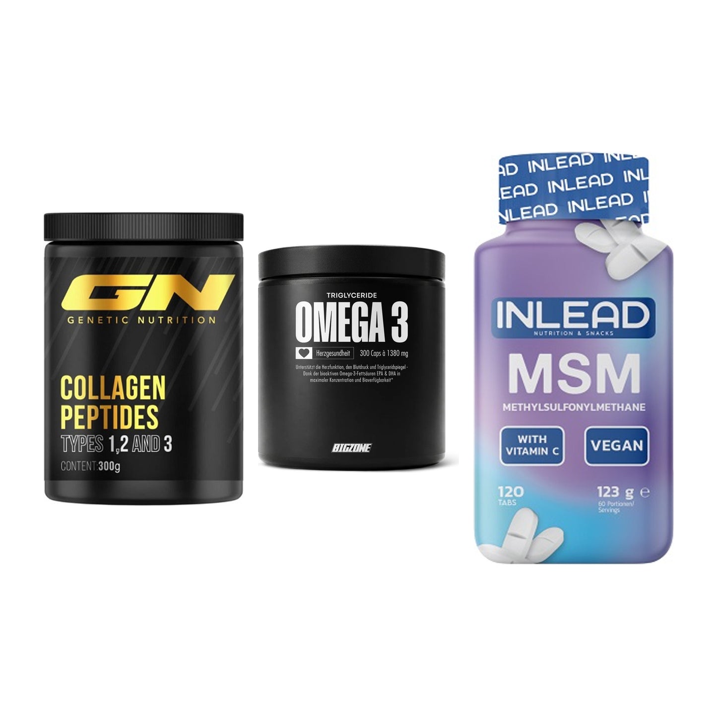 Gelenk-Set: GN Peptan + Big Zone Omega 3 + INLEAD MSM – alle enthaltenen Artikel