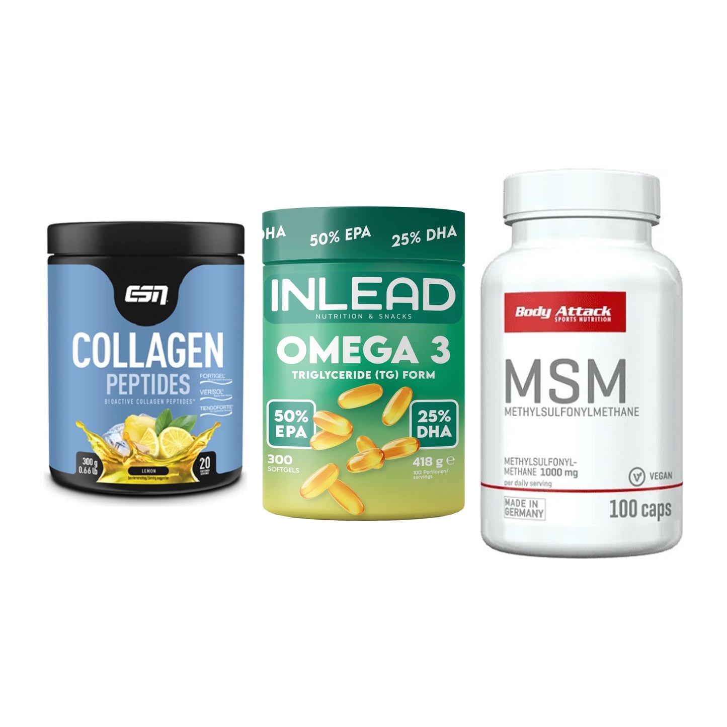 Gelenk-Set: ESN Collagen Peptides + INLEAD Omega-3 + Body Attack MSM – alle enthaltenen Artikel