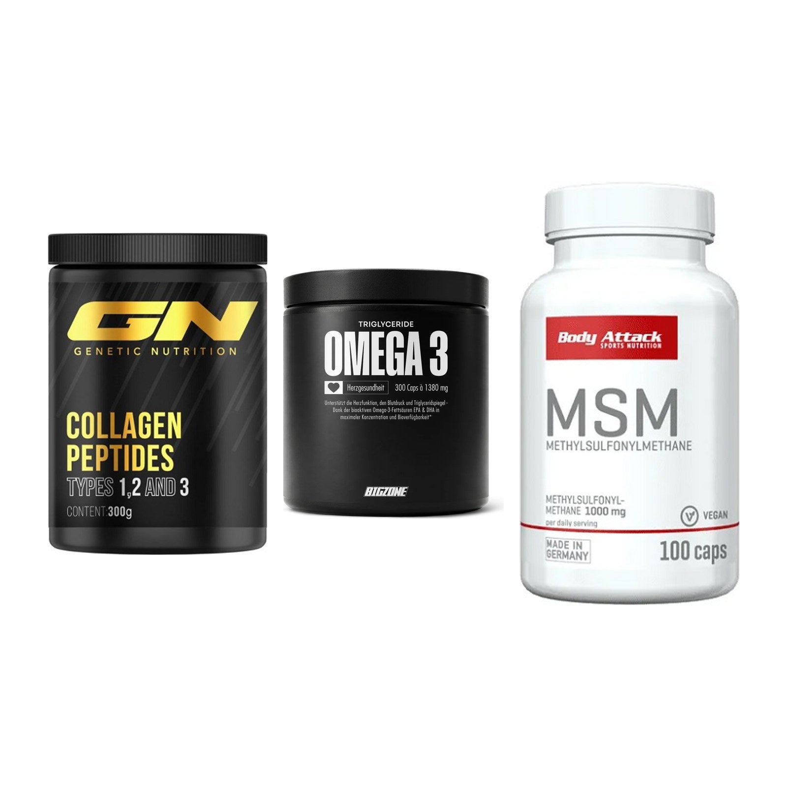 Gelenk-Set: GN Peptan + Big Zone Omega 3 + Body Attack MSM – alle enthaltenen Artikel