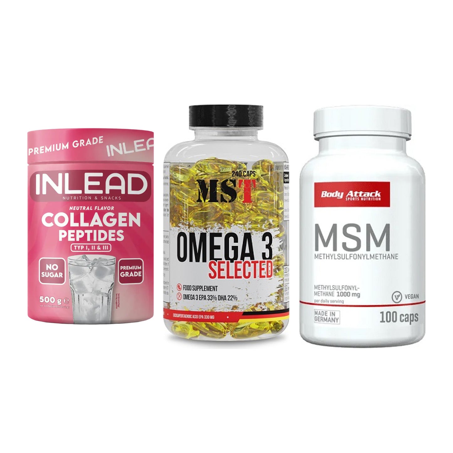 Gelenk-Set: INLEAD Collagen + MST Omega 3 + Body Attack MSM – alle enthaltenen Artikel
