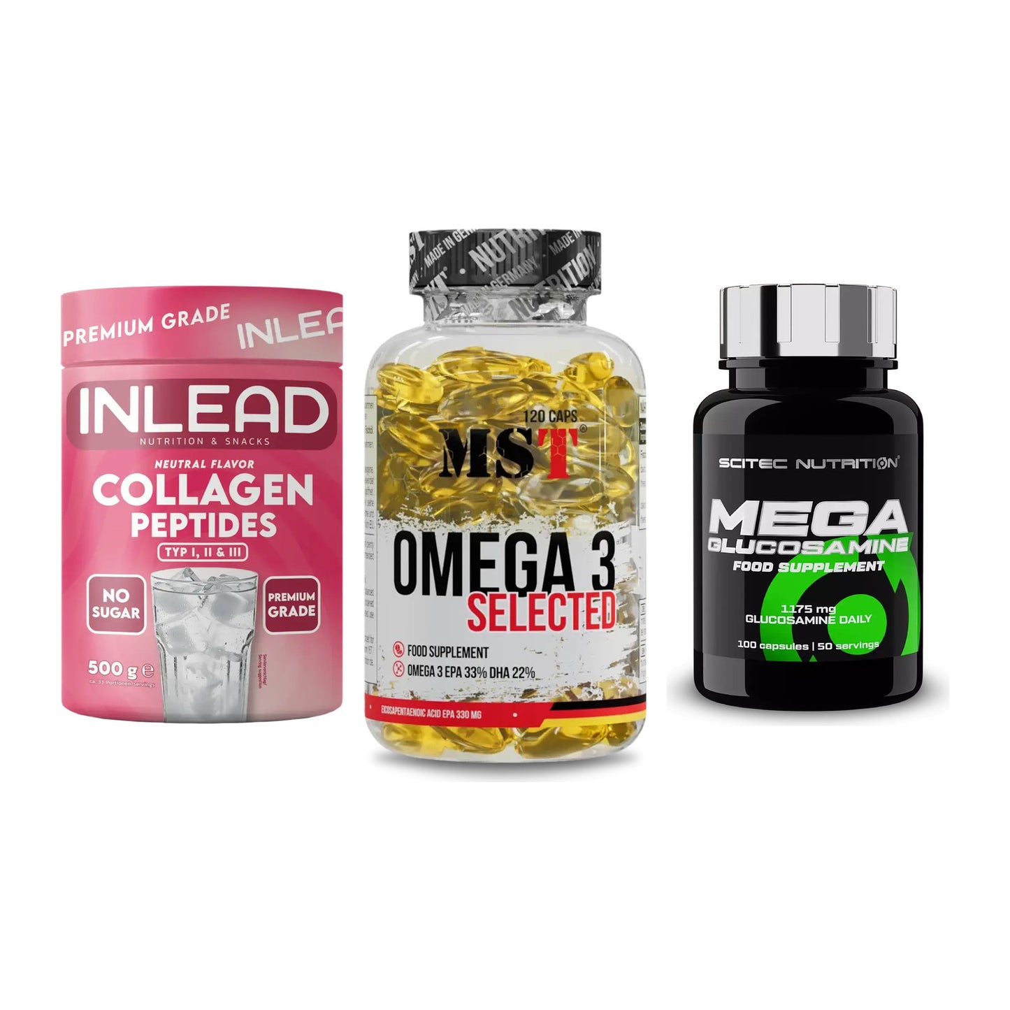Gelenk-Set: INLEAD Collagen + MST Omega 3 + Scitec Mega – alle enthaltenen Artikel