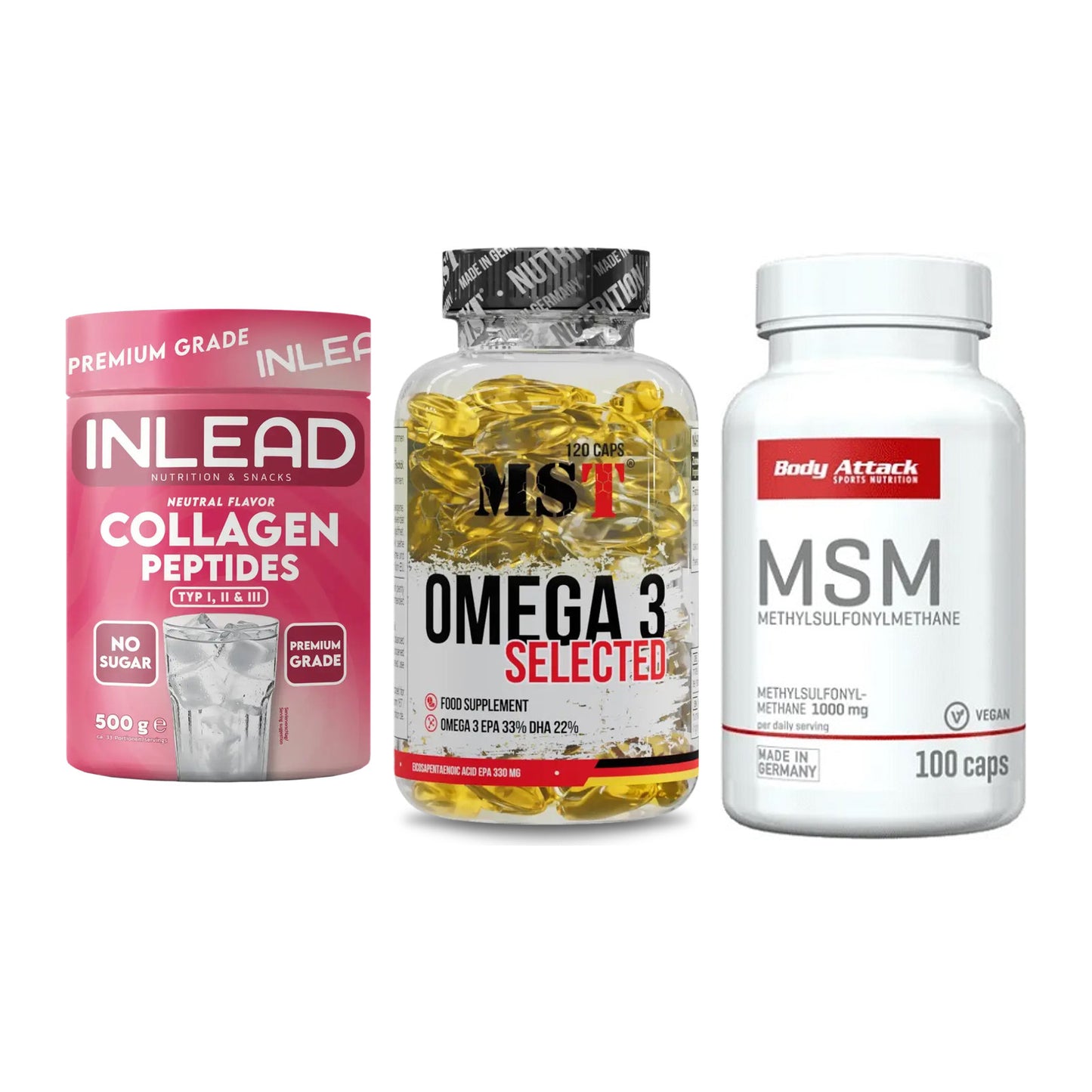 Gelenk-Set: INLEAD Collagen + MST Omega 3 + Body Attack MSM – alle enthaltenen Artikel