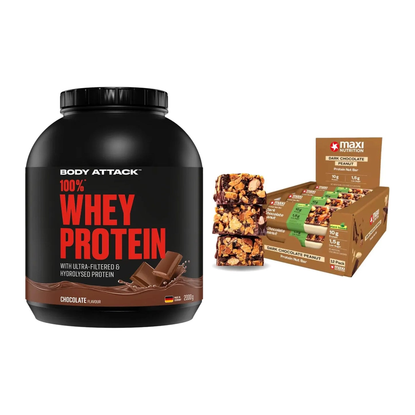 Schokolade Geschmacks-Duo: Body Attack 100% + 2× MaxiNutrition – alle enthaltenen Artikel
