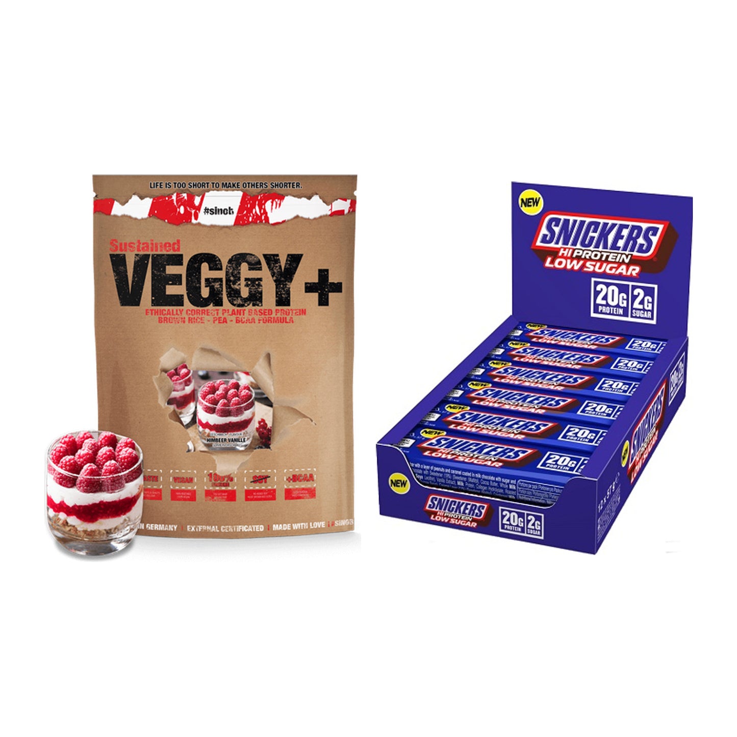 Schokolade Geschmacks-Duo: Sinob VEGGY + VEGAN + 2× Snickers LOW SUGAR – alle enthaltenen Artikel