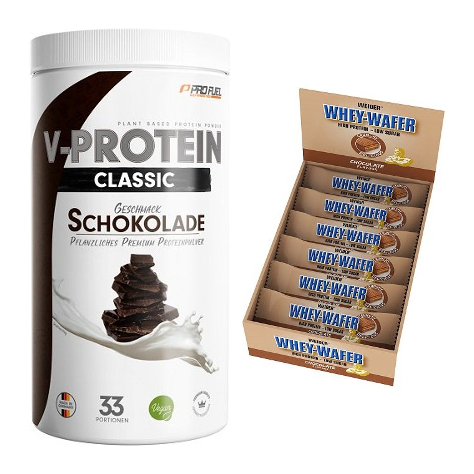 Schokolade Geschmacks-Duo: ProFuel VEGAN + 2× Weider Whey Wafer – alle enthaltenen Artikel